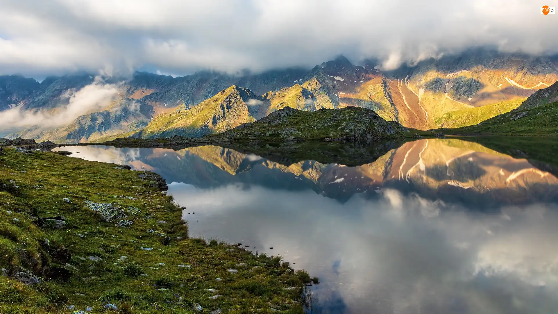 Skały, Góry, Lago Nero, Odbicie, Alpy, Gavia Pass, Włochy, Jezioro