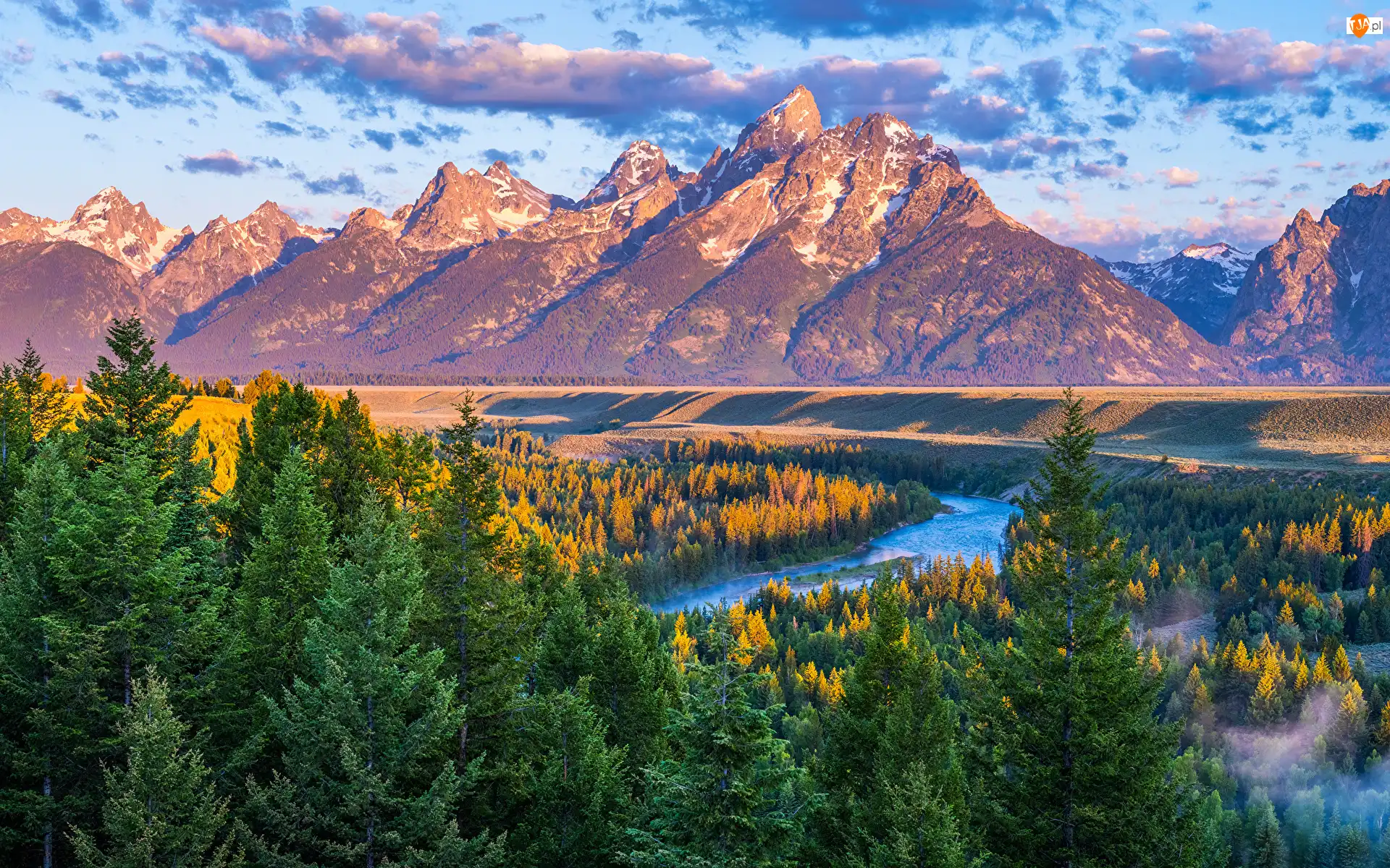 Szczyty, Wyoming, Góry, Drzewa, Lasy, Park Narodowy Grand Teton, Rzeka, Stany Zjednoczone, Snake River