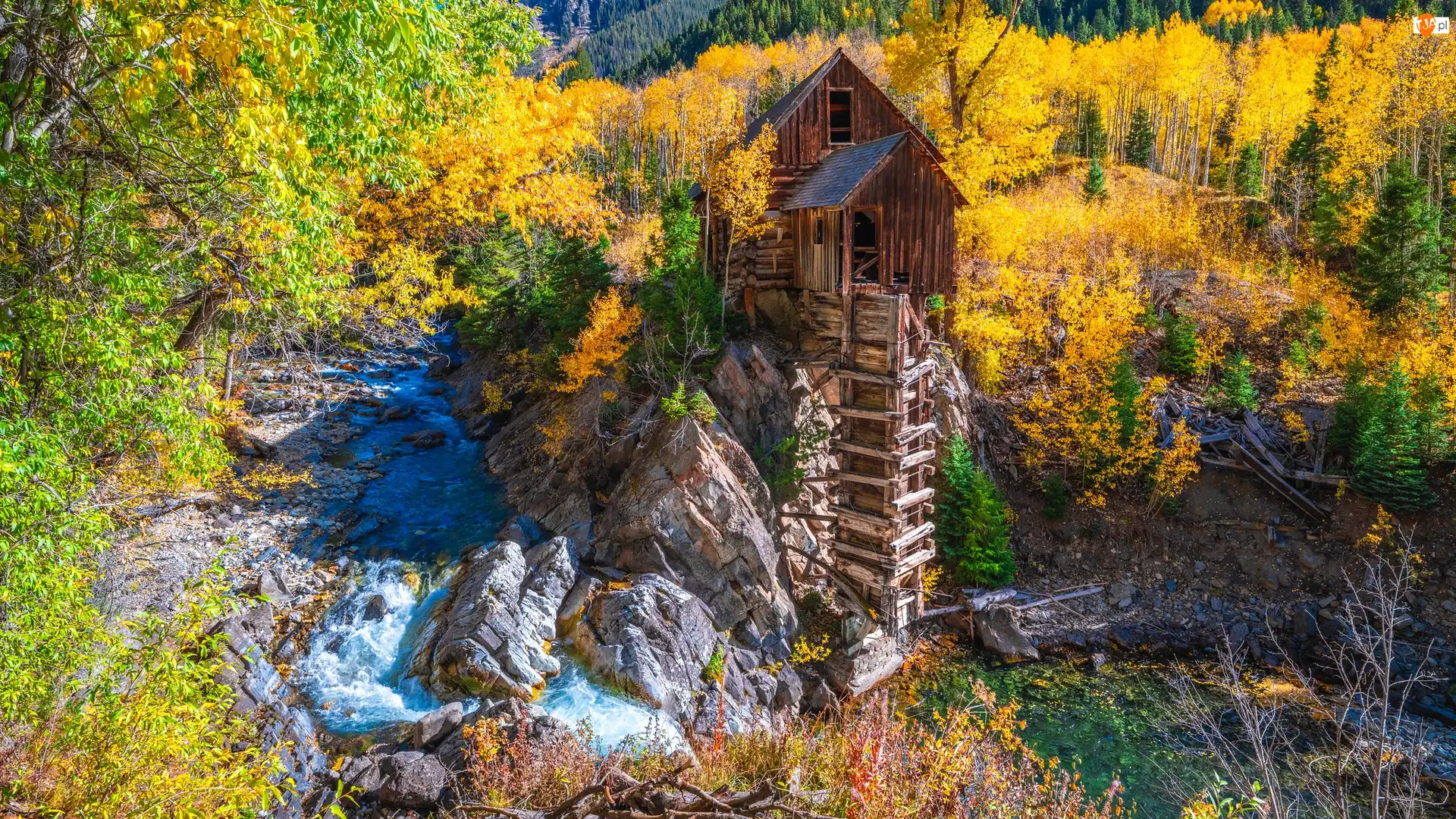 Drzewa, Stany Zjednoczone, Crystal Mill, Skały, Kolorado, Jesień, Rzeka, Młyn wodny