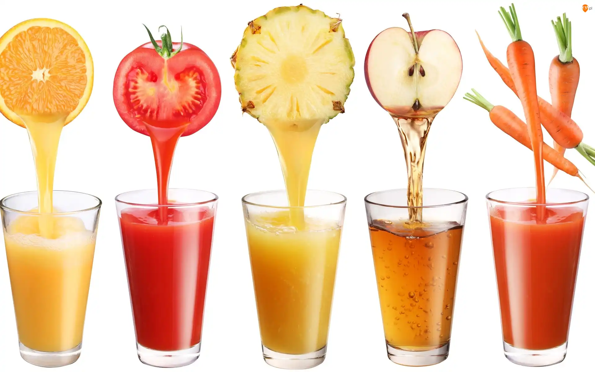 Soki, Pomarańcza, Jabłko, Warzywa, Pomidor, Marchew, Owoce, Ananas