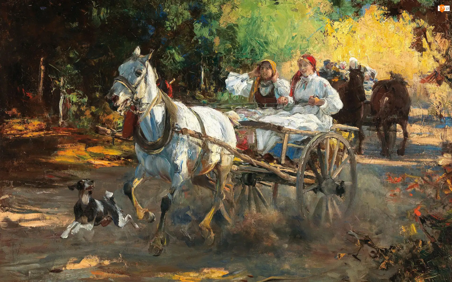 Obraz, Alfred Wierusz Kowalski, Pies, Malarstwo, Kobiety, Koń, Zaprzęg