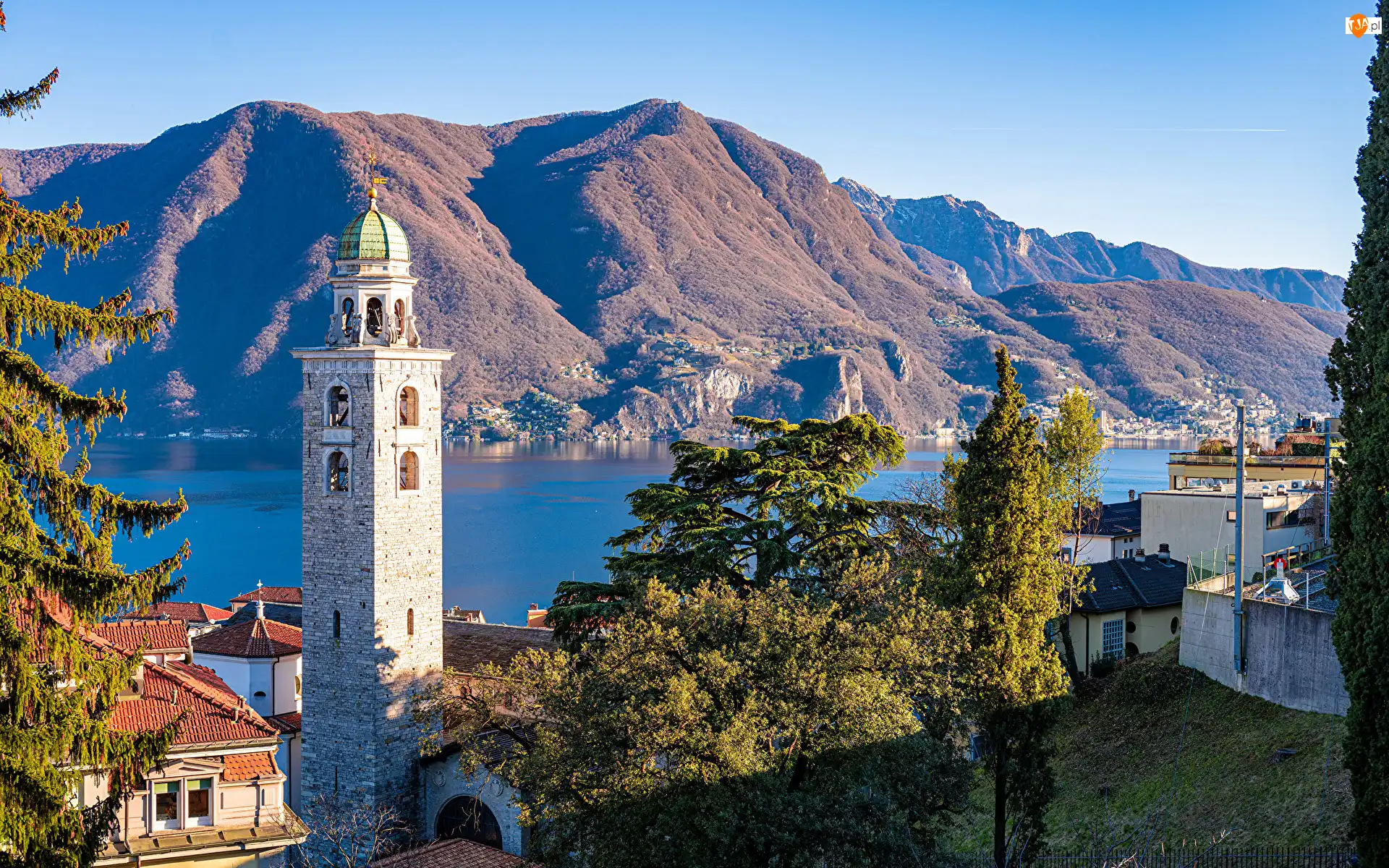 Góra, Jezioro Lugano, Kościół, Domy, Kanton Ticino, Katedra Świętego Wawrzyńca, Alpy, Szwajcaria, Wieża, Lugano, Drzewa