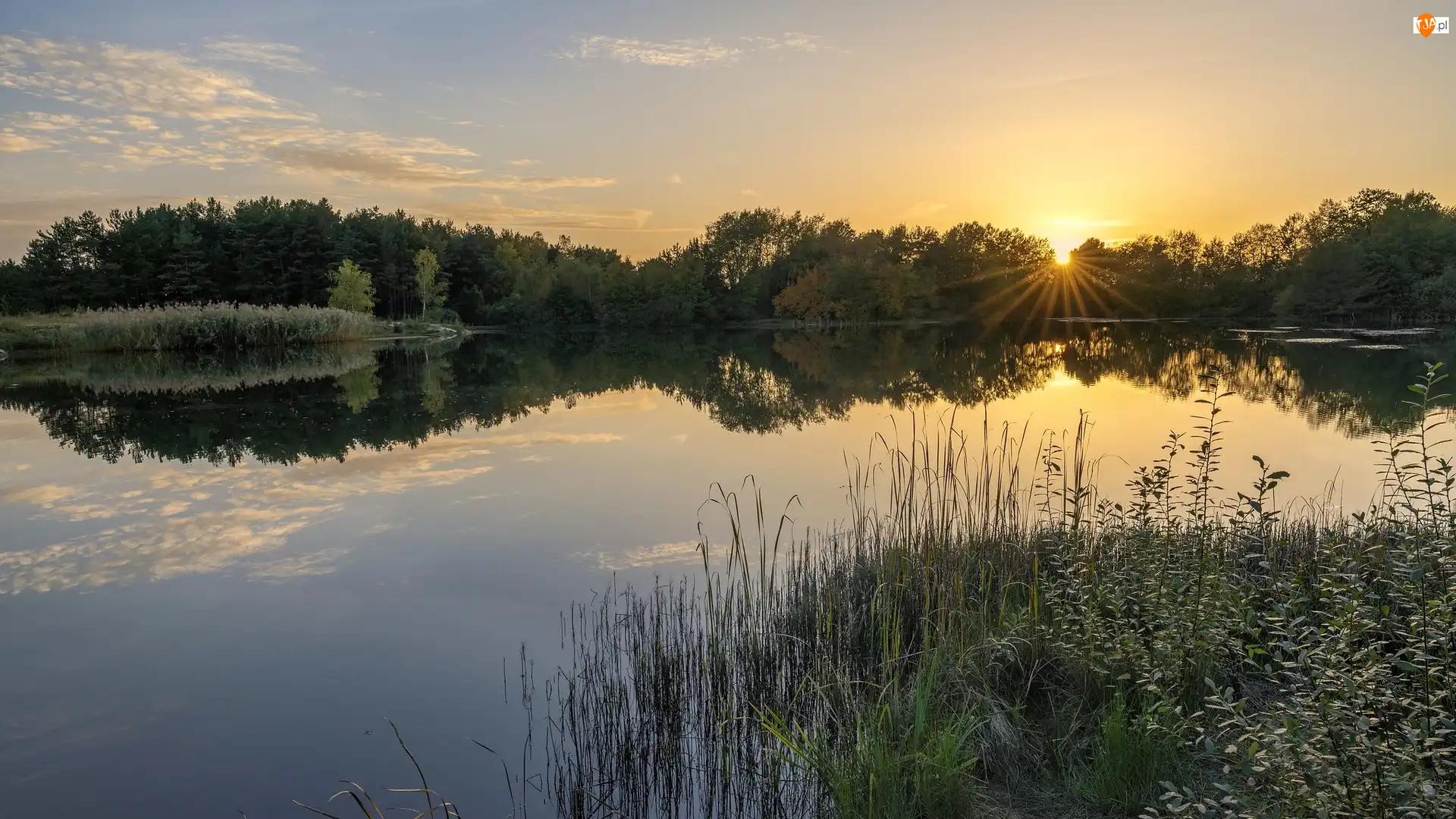 Zachód słońca, Góry, Jezioro, Drzewa