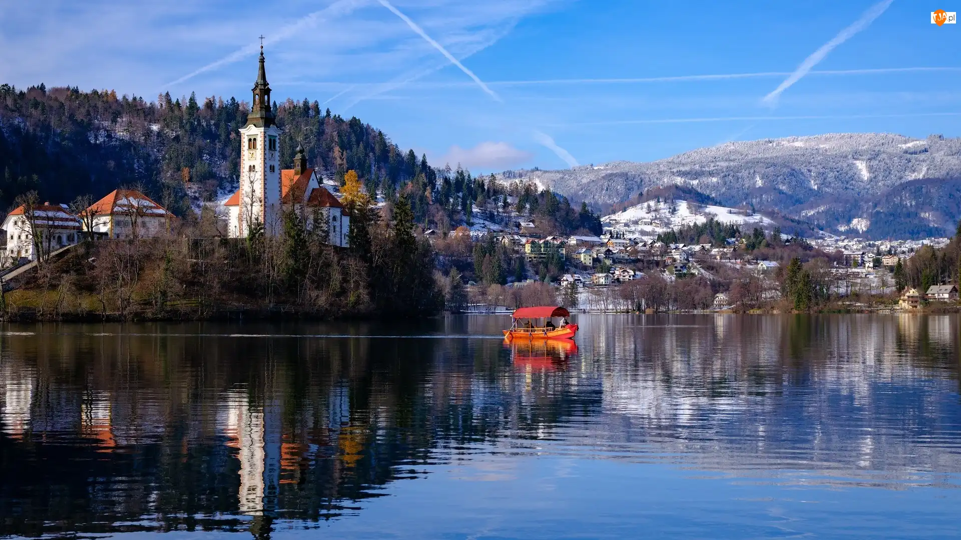 Alpy Julijskie, Kościół Zwiastowania Marii Panny, Słowenia, Góry, Lake Bled, Jezioro, Łódka