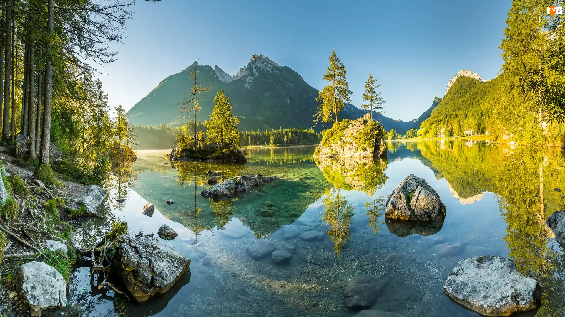 Bawaria, Góry Alpy, Drzewa, Niemcy, Kamienie, Skały, Jezioro Hintersee