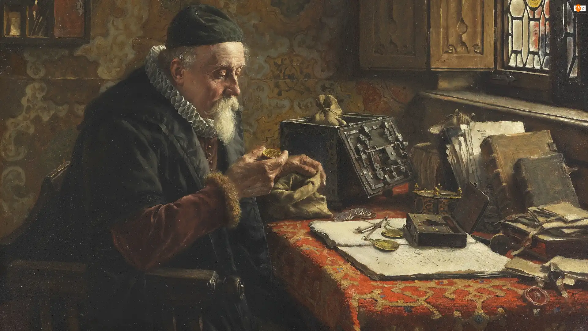 Okno, Obraz, Stół, Monety, Książki, Max Gaisser, Mężczyzna, Malarstwo, Worek