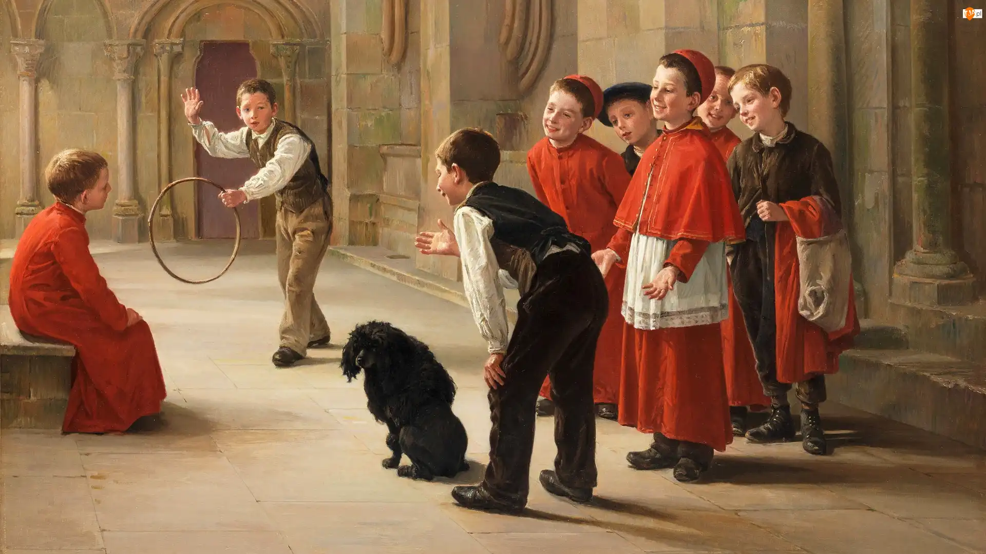 Sztuczki, Chłopcy, Pies, Ministranci, Obraz, Malarstwo, Dzieci, Charles Bertrand dEntraygues, Chórzyści, Zabawa