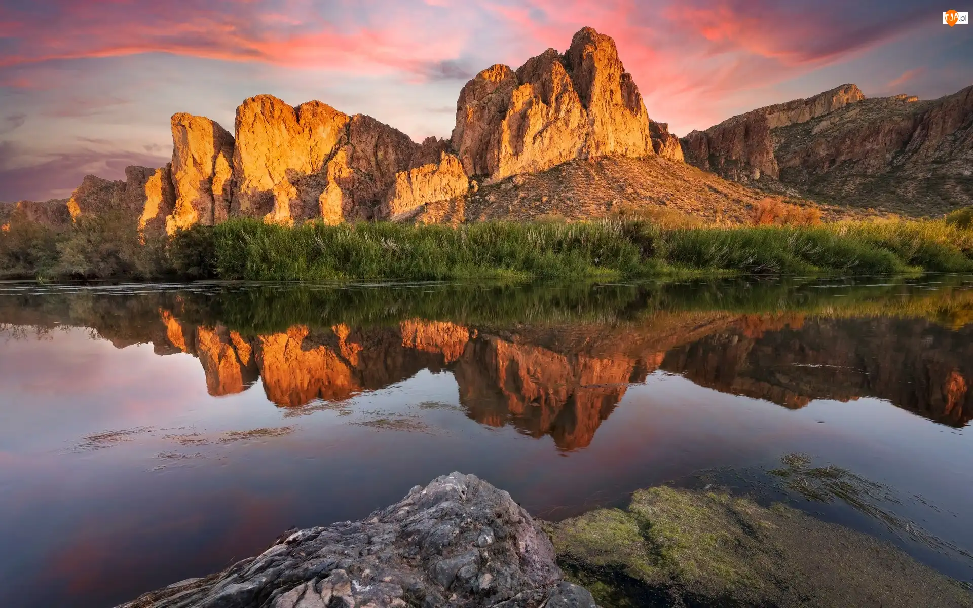 Salt River, Stany Zjednoczone, Goldfield Mountains, Roślinność, Arizona, Rzeka, Odbicie, Góry