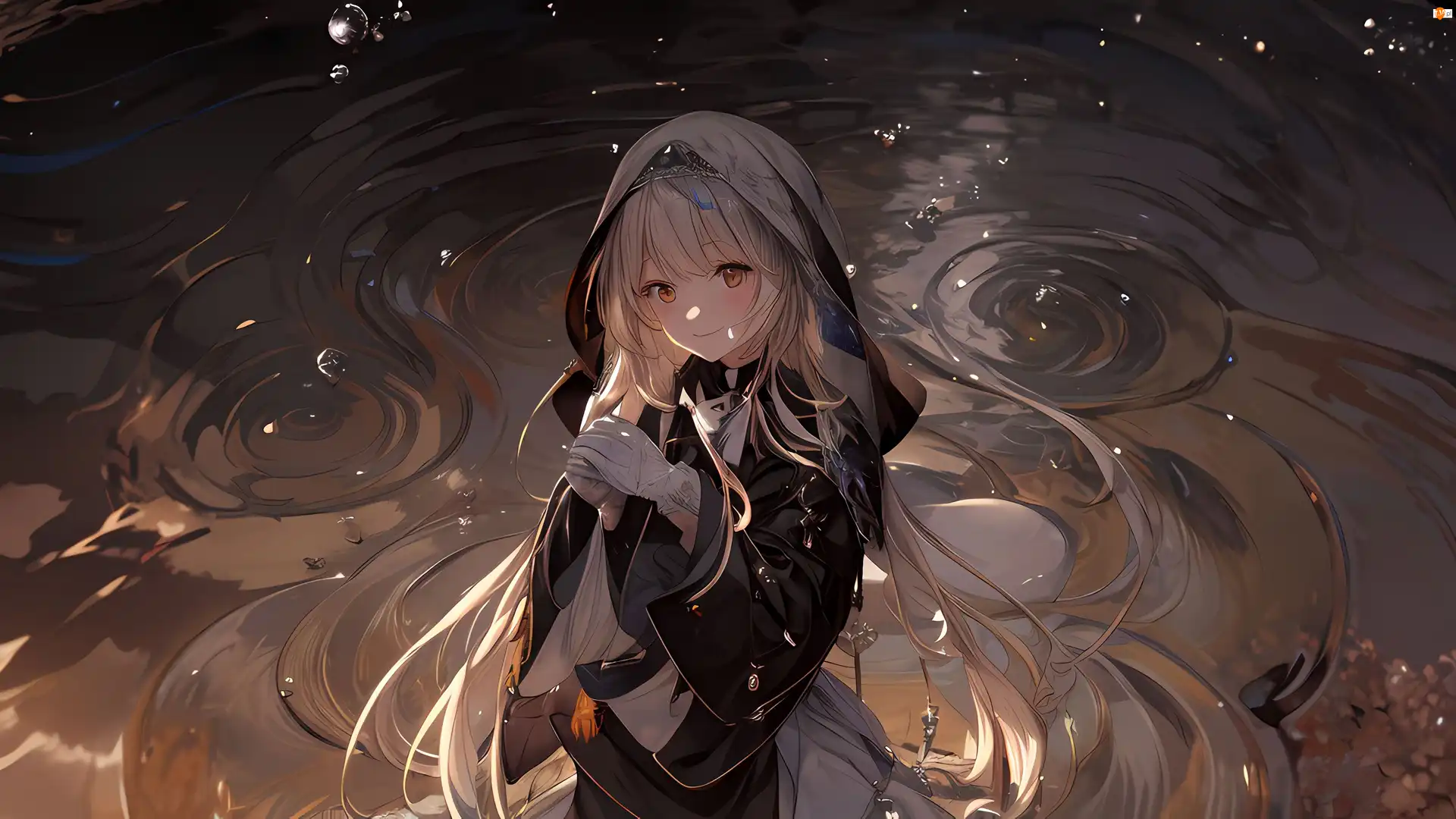 Peleryna, Anime, Uśmiech, Dziewczyna, Woda
