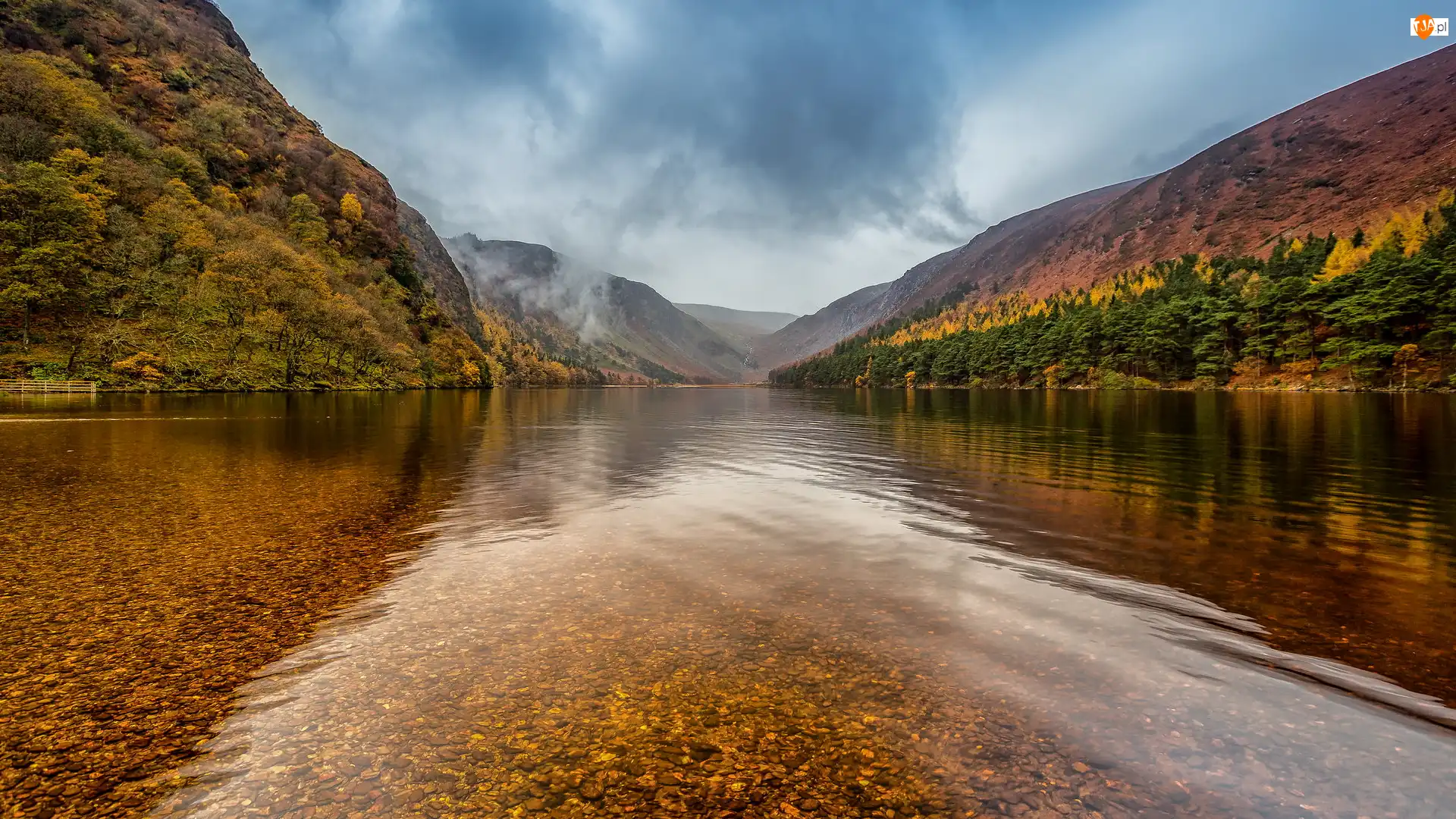 Góry Wicklow, Jesień, Jezioro, Dolina Glendalough, Lasy, Upper Lake, Irlandia, Drzewa