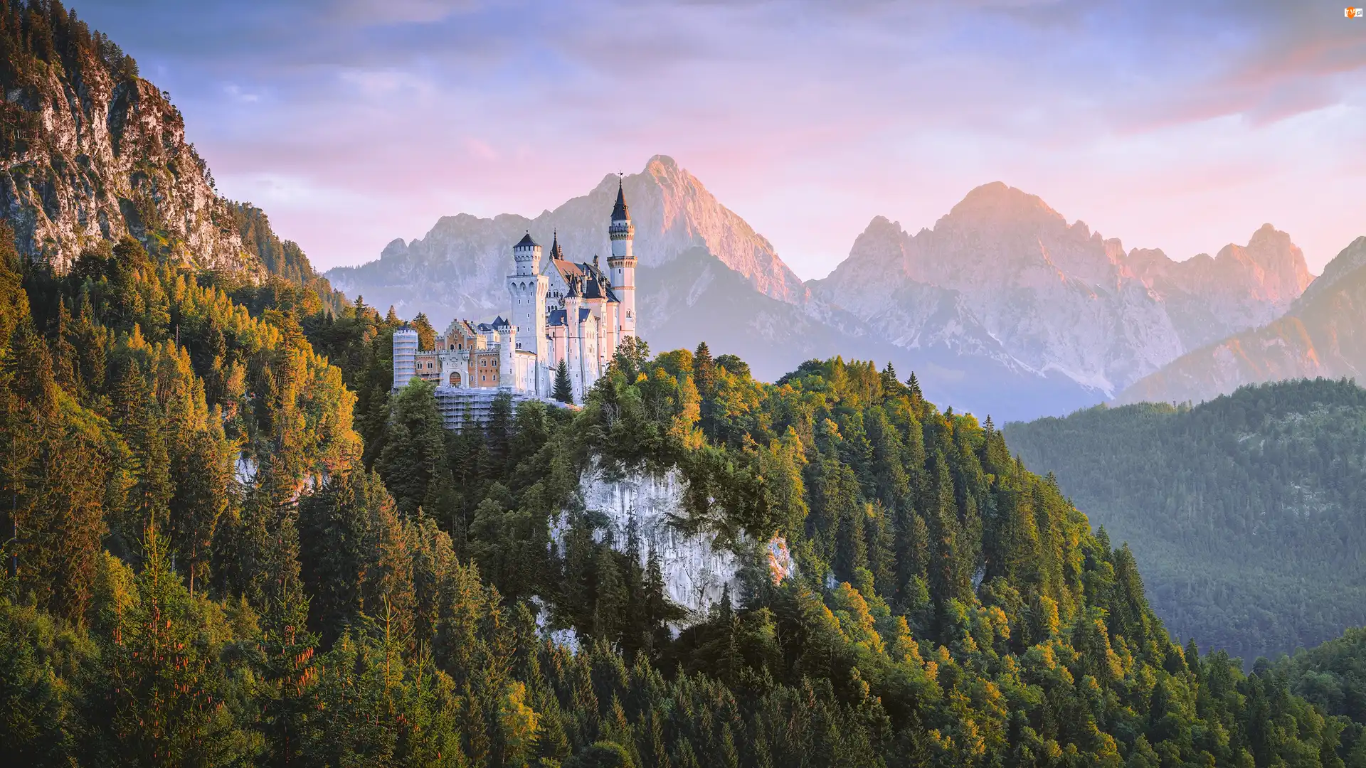 Niemcy, Góry Alpy, Bawaria, Gmina Schwangau, Region Allgau, Drzewa, Mgła, Zamek Neuschwanstein, Jesień