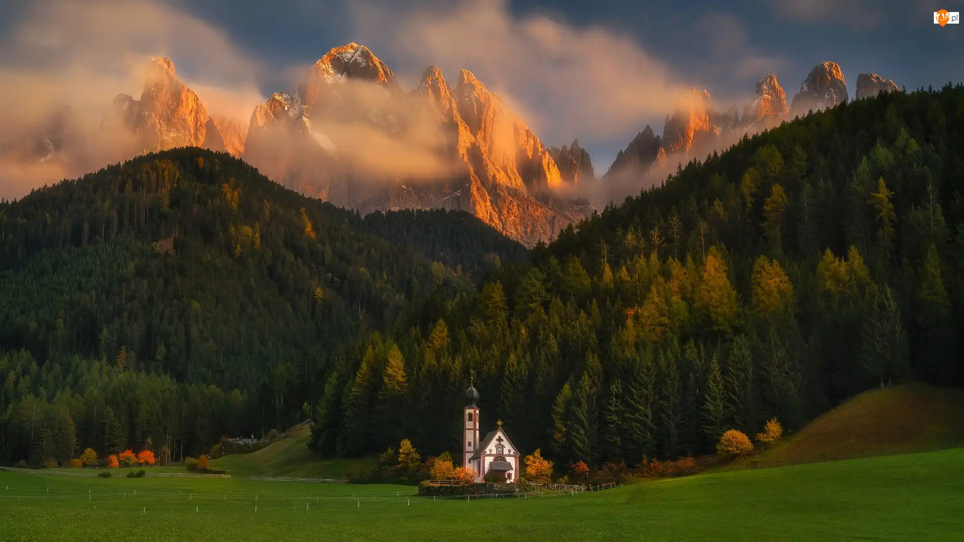 Las, Mgła, Włochy, Kościół św. Jana, Dolomity, Góry, Dolina Val di Funes