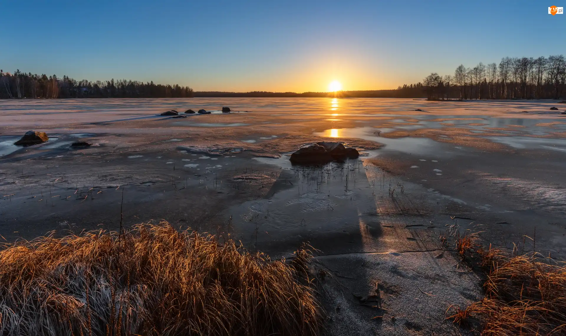 Kamienie, Wschód słońca, Drzewa, Valkeakoski, Jezioro, Trawa, Finlandia, Lód