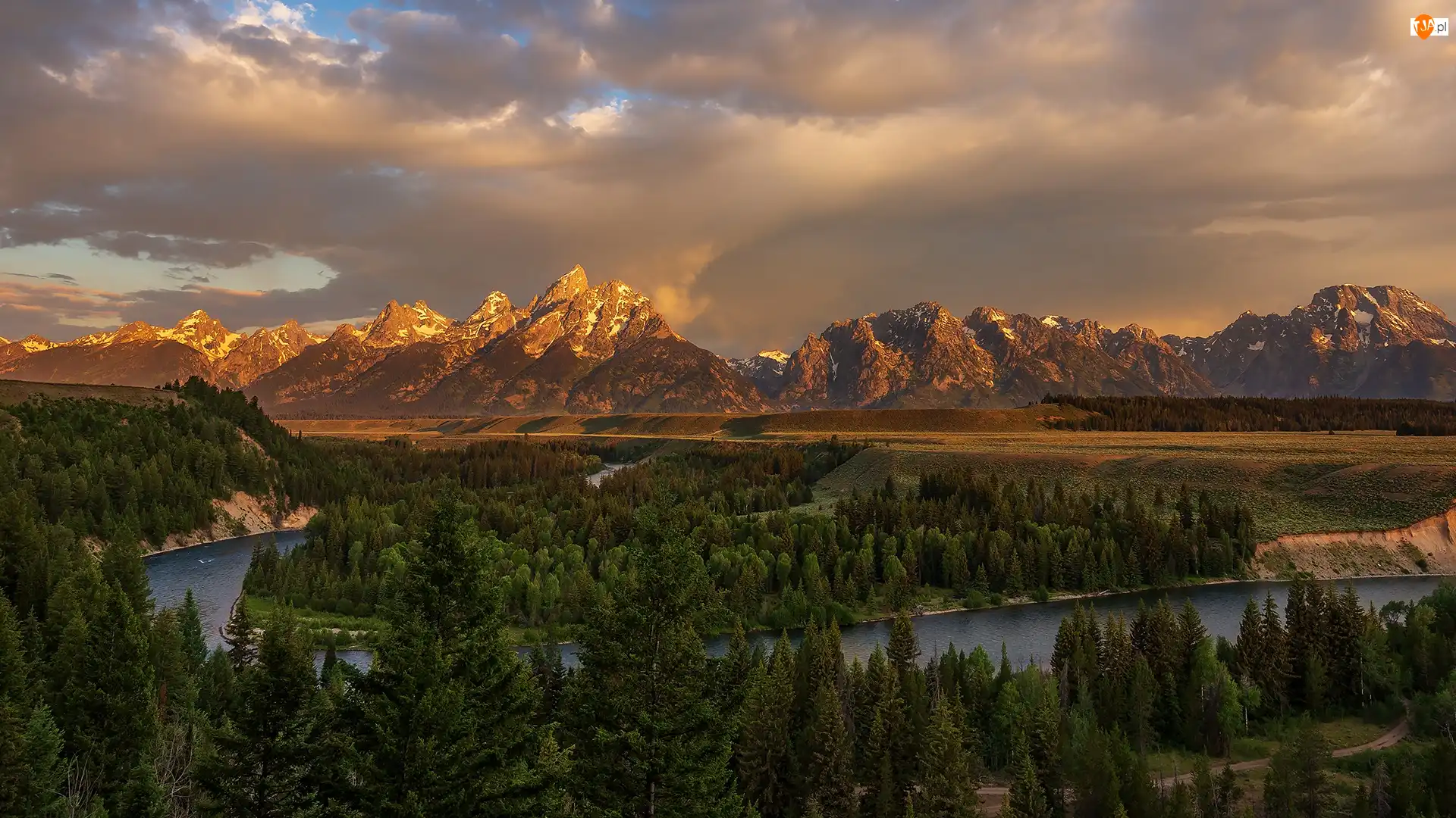 Stany Zjednoczone, Teton Range, Wyoming, Chmury, Park Narodowy Grand Teton, Rzeka, Snake River, Góry, Drzewa