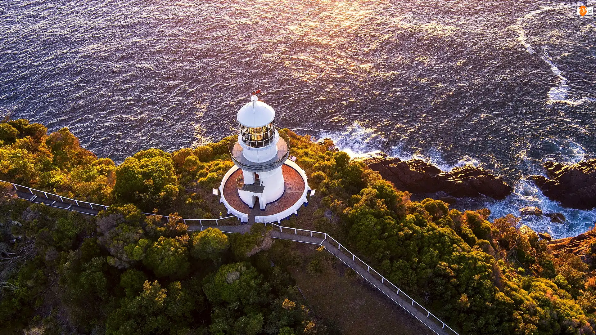 Sugarloaf Point Lighthouse, Latarnia morska, Morze, Australia, Drzewa, Z lotu ptaka