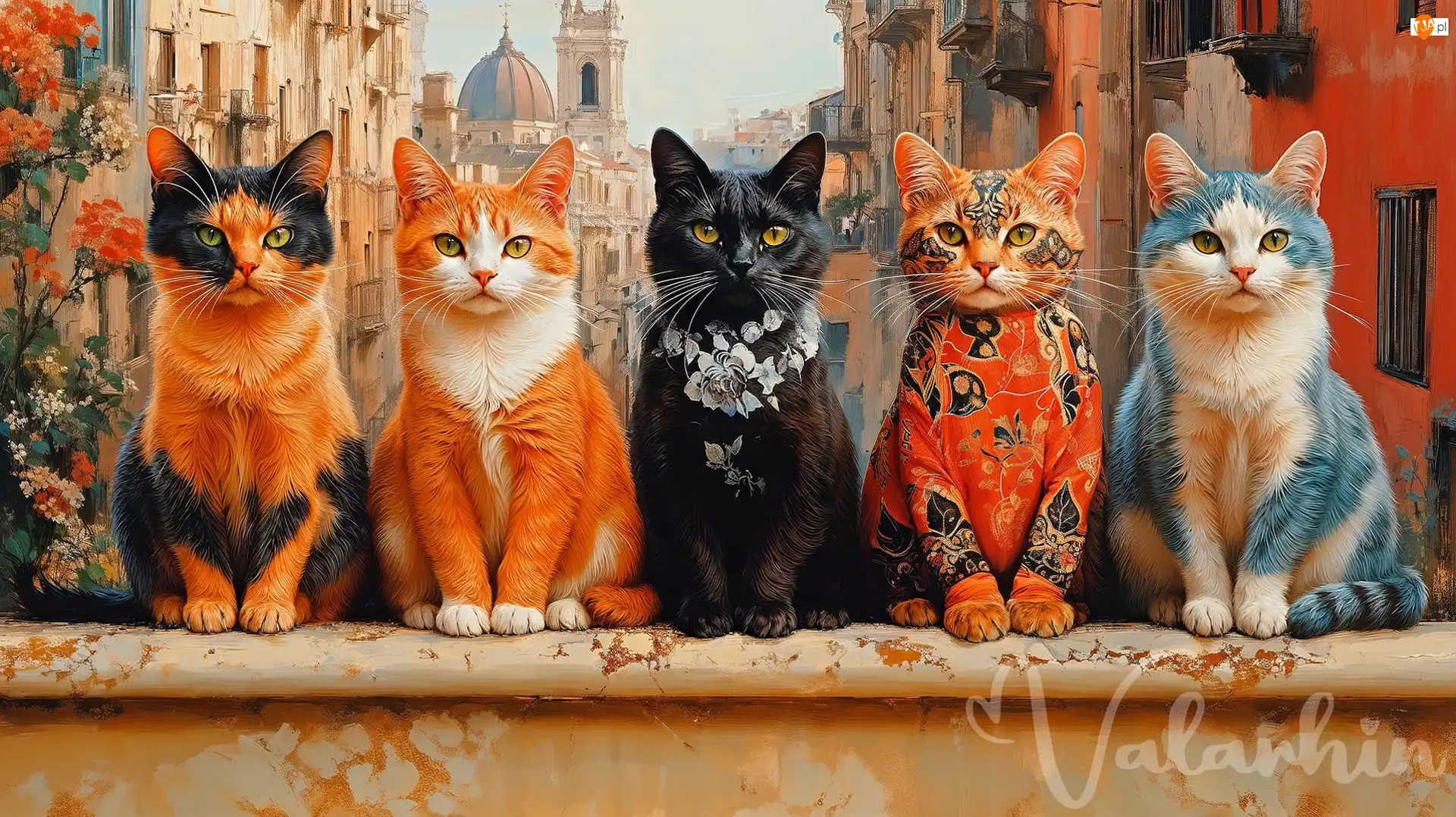 Murek, Grafika, Kolorowe, Koty, Domy