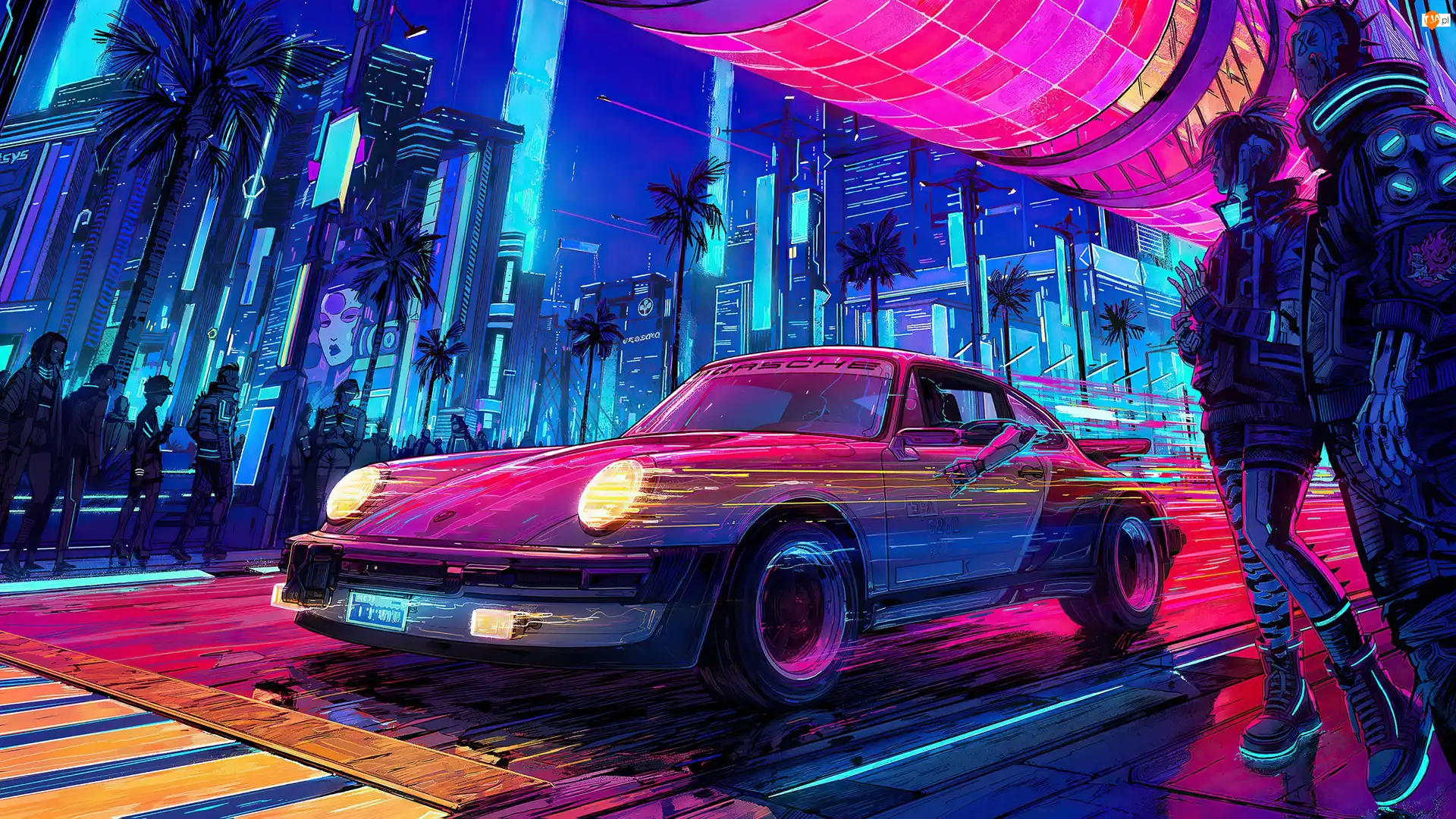 Cyberpunk 2077, Gra, Ludzie, Neony, Porsche, Ulica