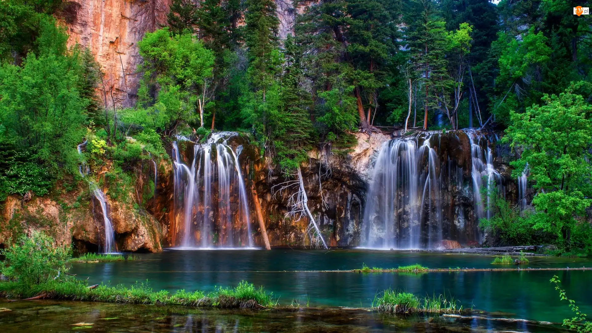 Zieleń, Rzeka, Drzewa, Wiszące Jezioro, Stan Kolorado, Stany Zjednoczone, Wodospad, Glenwood Canyon, Hanging Lake, Skały