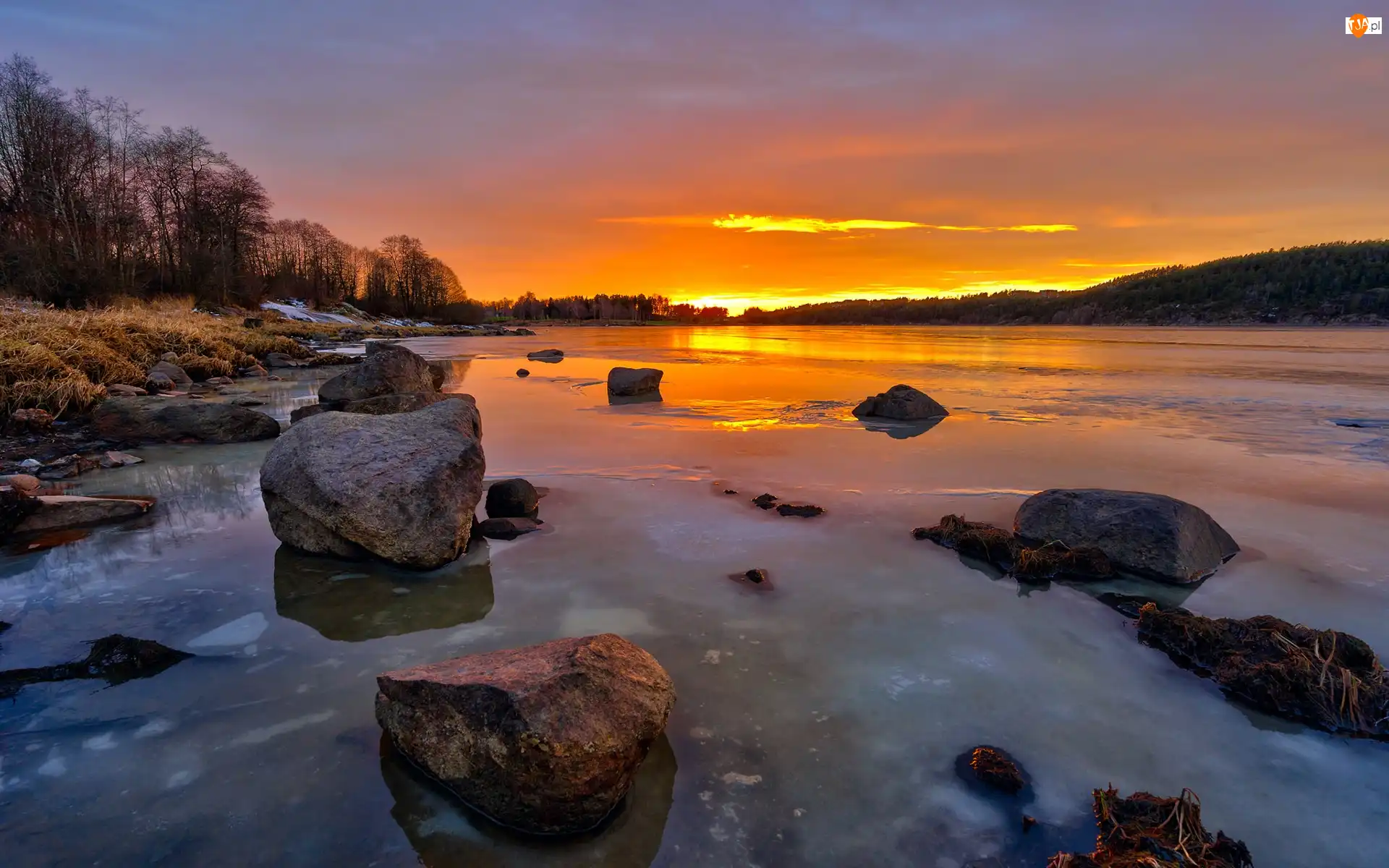Kamienie, Jezioro, Zachód słońca, Las