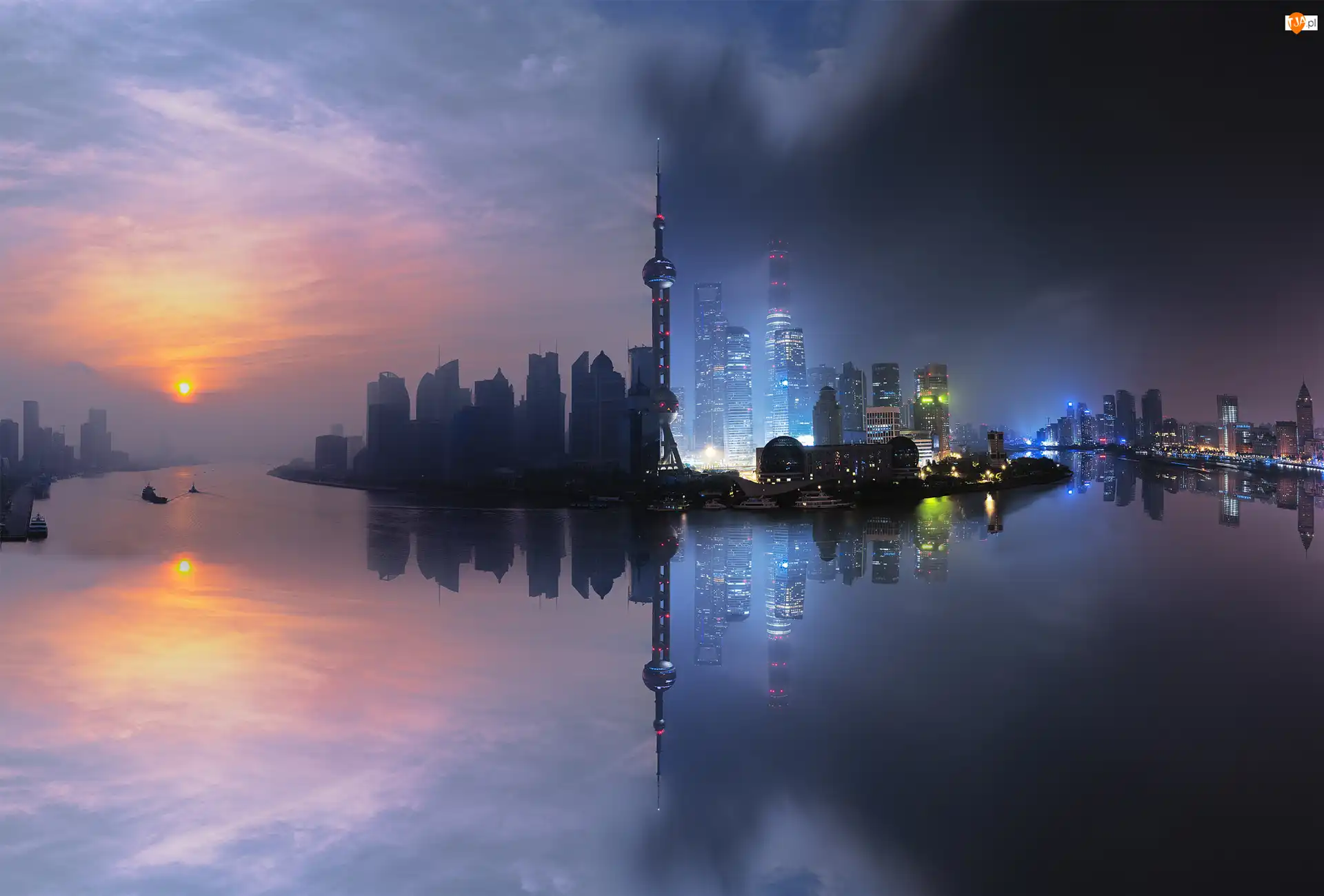 Zmierzch, Chiny, Drapacze chmur, Rzeka Jangcy, Szanghaj, Wschód słońca, Odbicie, Wieża Oriental Pearl Tower