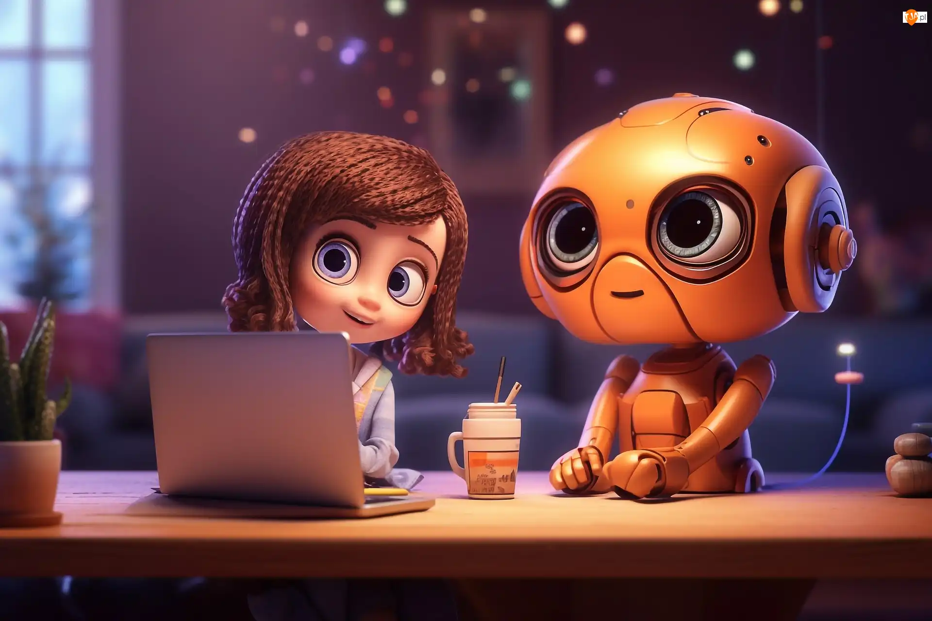 Laptop, Dziecko, Okno, Robot, Dziewczynka, Biurko, Grafika, Pokój