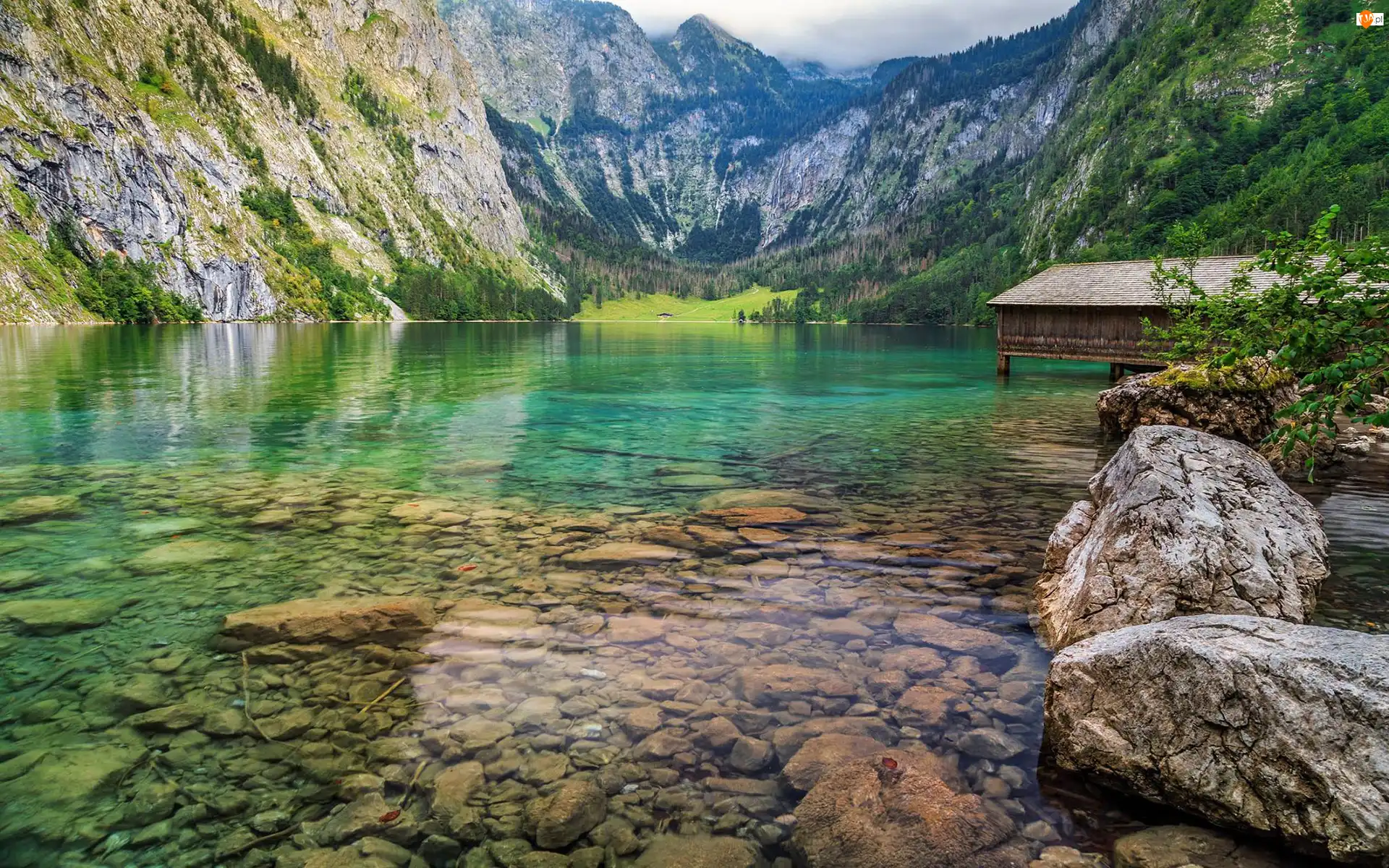 Domek, Bawaria, Drewniany, Góry, Alpy, Park Narodowy Berchtesgaden, Jezioro Obersee, Niemcy, Kamienie