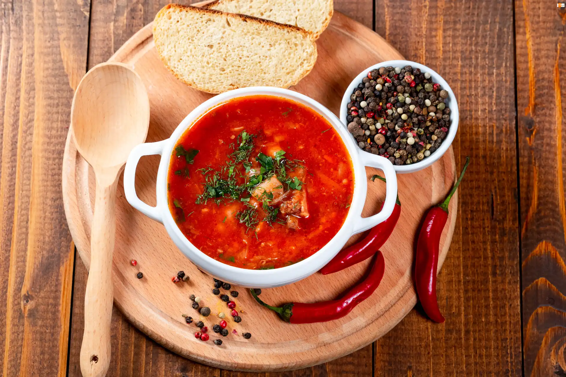 Chili, Kolorowy, Deska, Chleb, Miseczka, Łyżka, Pieprz, Zupa, Kromki, Papryczki, Drewniana