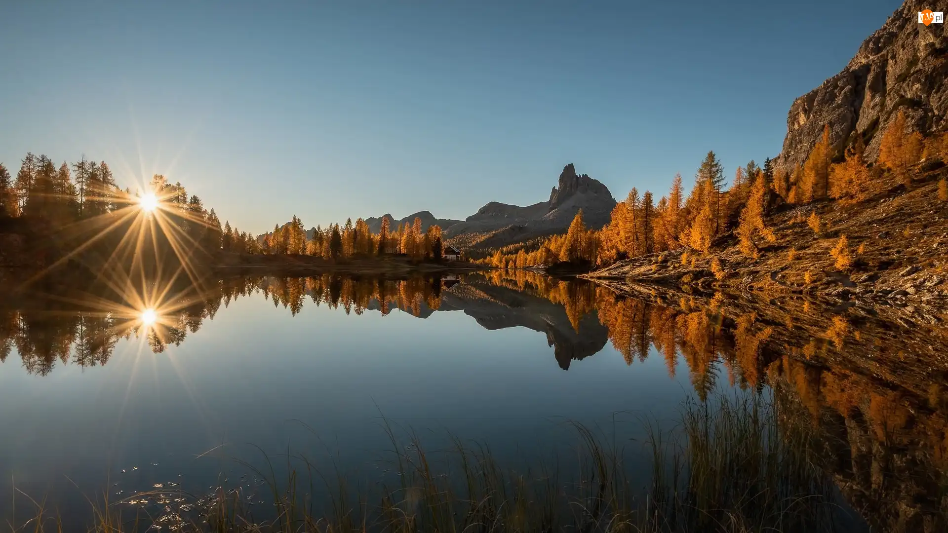 Włochy, Żółte, Drzewa, Lago Federa, Promienie słońca, Jesień, Dolomity, Góry, Jezioro, Modrzewie