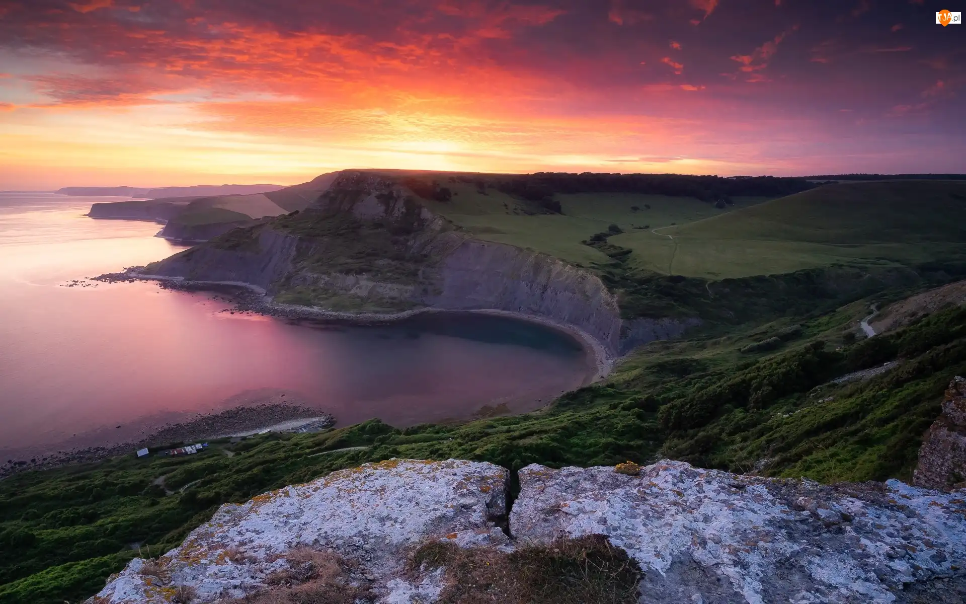 Chapmans Pool, Morze, Klif, Anglia, Wybrzeże Jurajskie, Zachód słońca