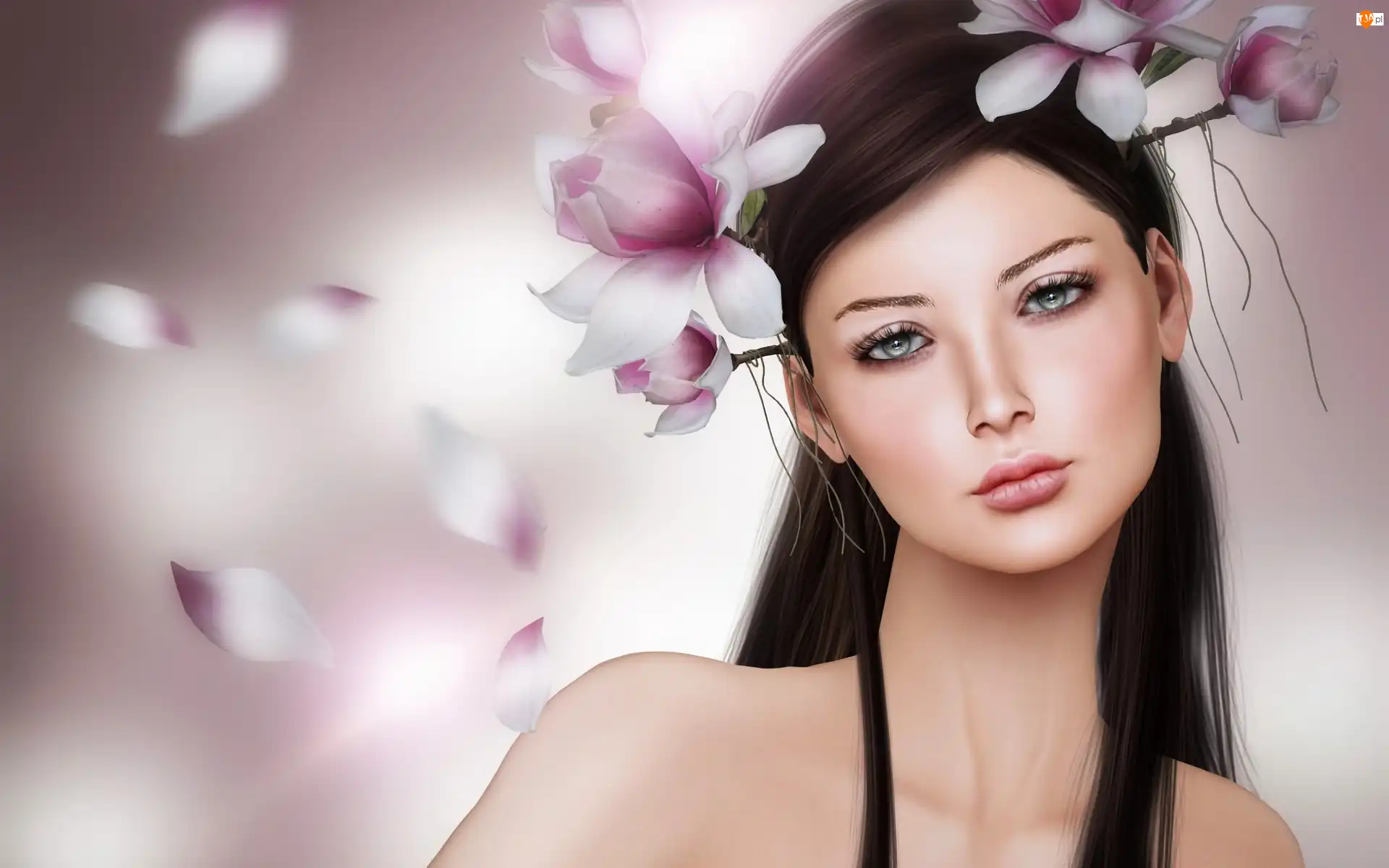 Magnolia, Grafika, Brunetka, Kwiaty