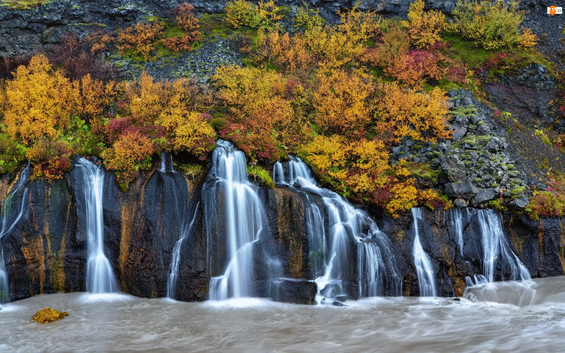 Skały, Jesień, Pożółkła, Islandia, Wodospad Hraunfossar, Roślinność