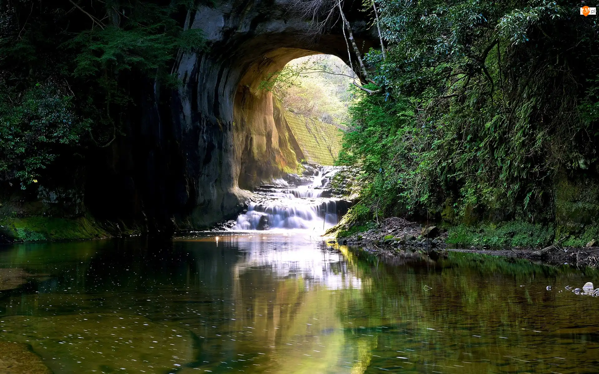 Japonia, Kameiwa Cave, Chiba, Nomizo Falls, Park Shimizu Keiryu, Rzeka, Drzewa, Jaskinia, Wodospad