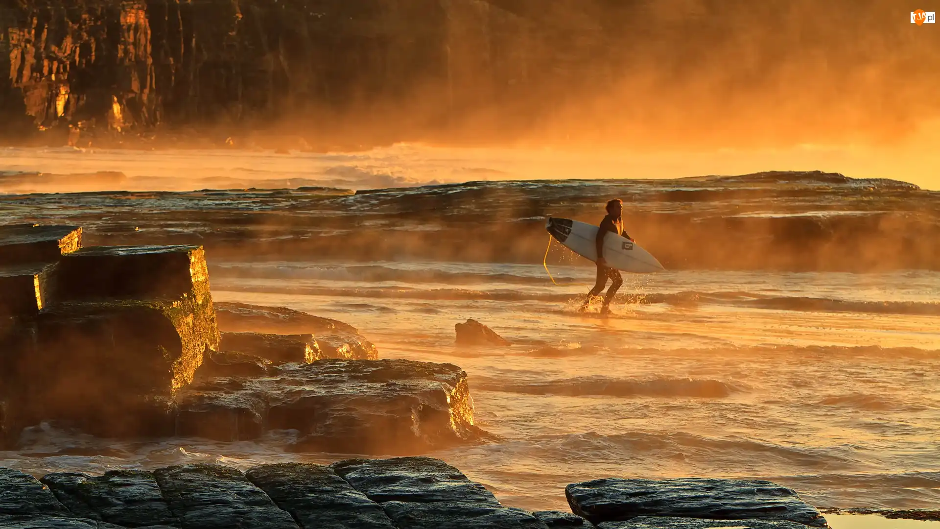 Zachód, Surfing, Skały, Morze, Słońca
