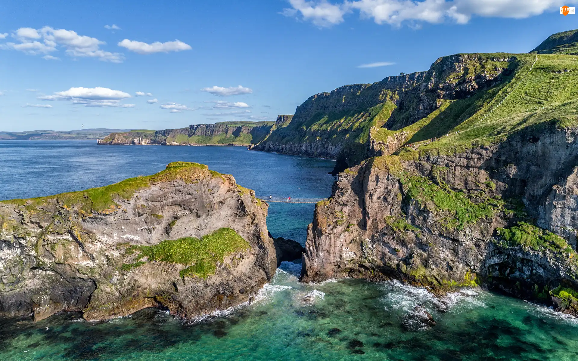 Irlandia Północna, Skały, Hrabstwo Antrim, Morze, Ballintoy, Most, Carrick a Rede Bridge, Wybrzeże, Klif