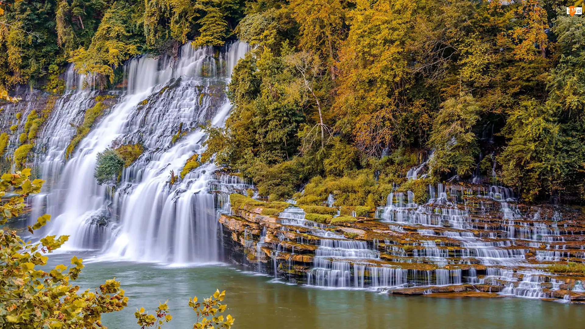 Park stanowy Rock Island State Park, Stan Tennessee, Skały, Wodospad Twin Falls, Krzewy, Drzewa, Stany Zjednoczone