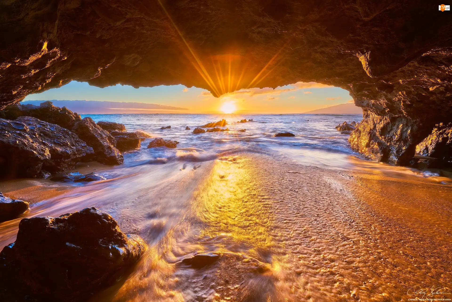 Maui, Hawaje, Skały, Zachód słońca, Ocean Spokojny, Jaskinia