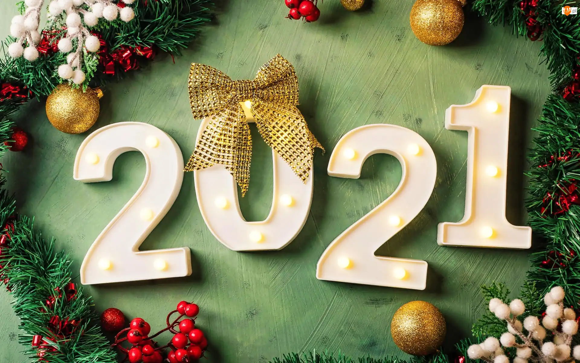 2021, Nowy Rok, Bombki, Kokarda, Ozdoby, Gałązki
