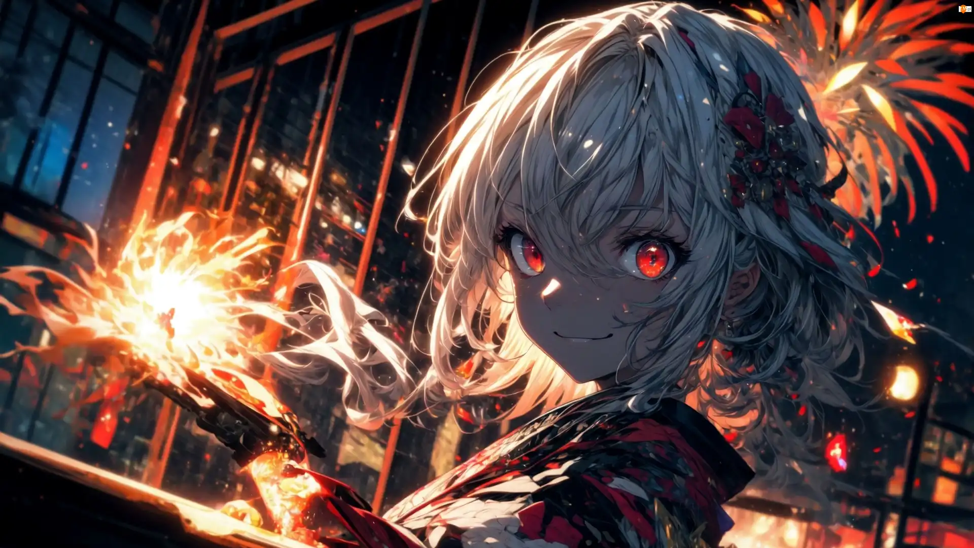 Uśmiech, Dziewczyna, Kimono, Anime, Oczy, Rozbłyski