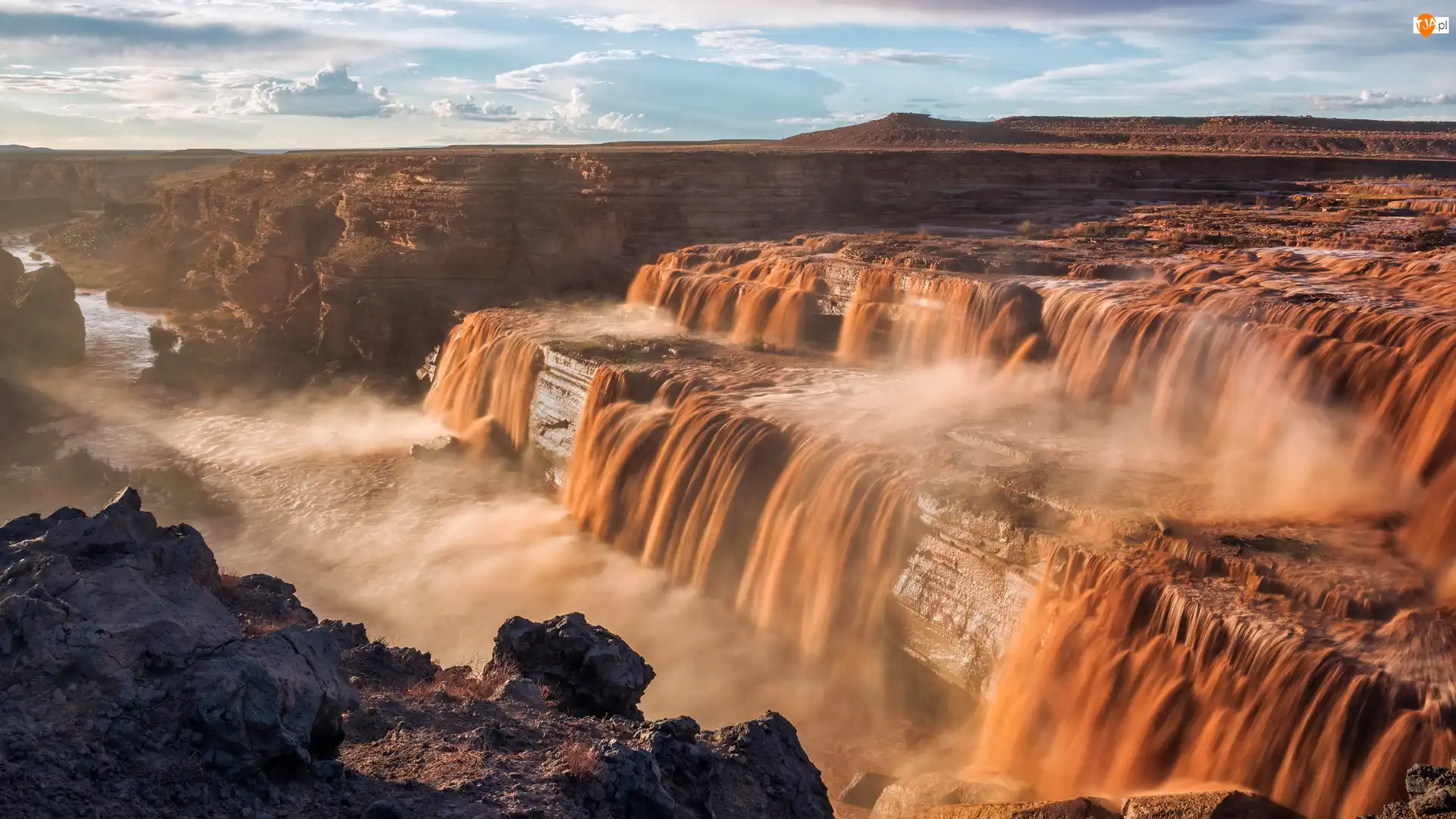 Zachód słońca, Wodospad, Rzeka, Arizona, Grand Falls, Little Colorado River, Stany Zjednoczone, Skały