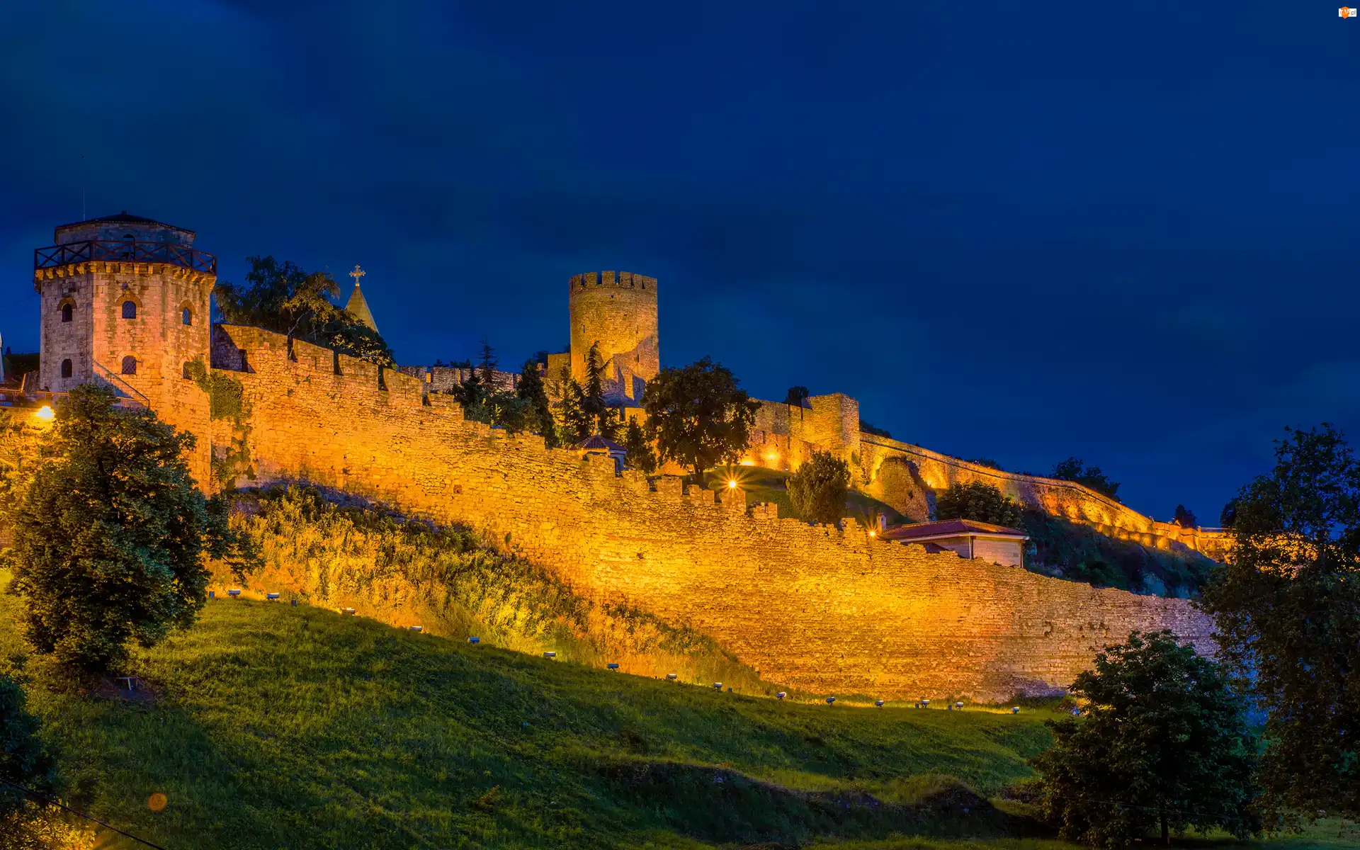 Belgrad, Fortyfikacje, Światło, Serbia, Noc, Wzgórze, Twierdza Kalemegdan