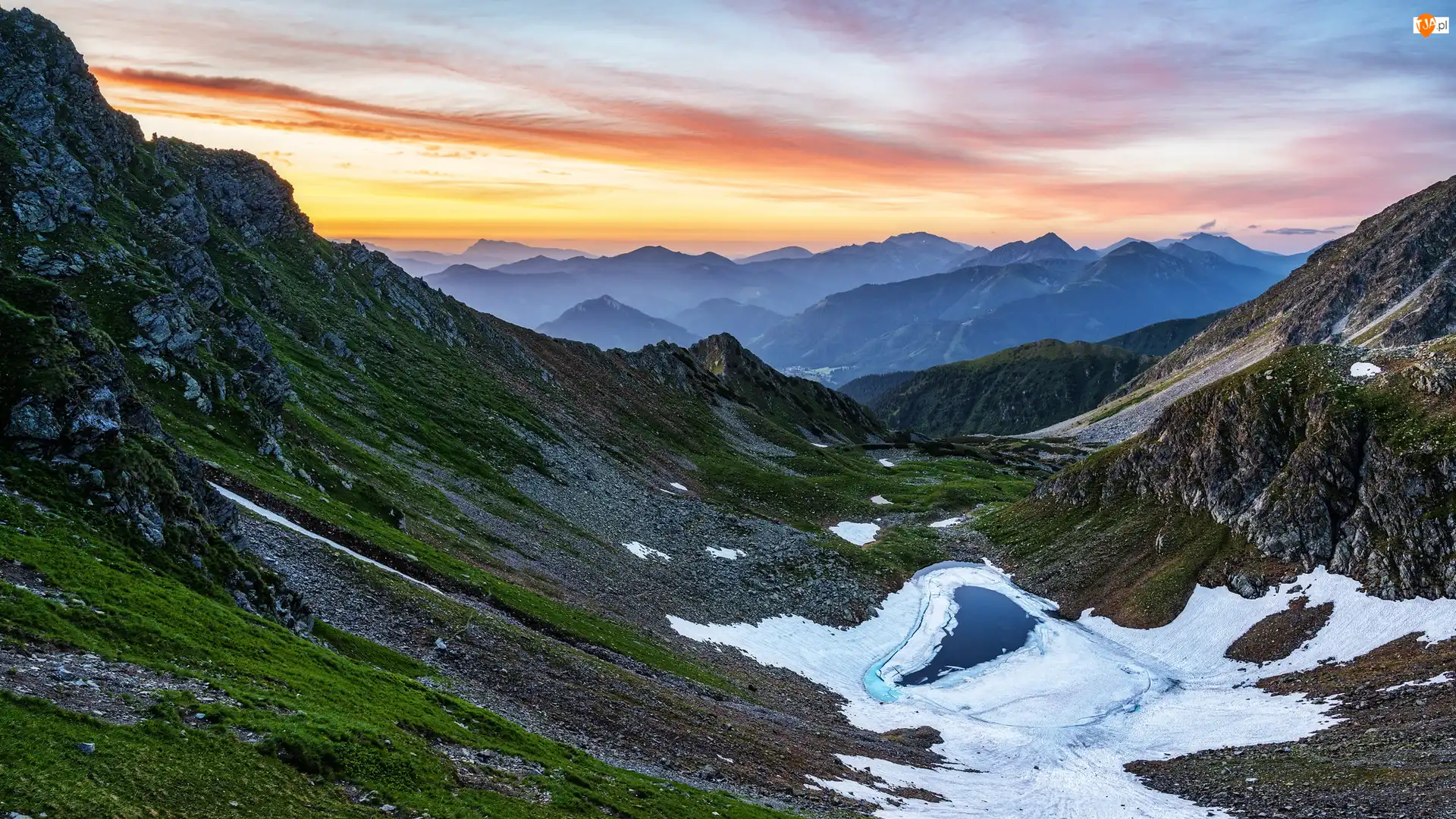 Zbocze, Austria, Góry, Poranek, Styria, Niskie Taury, Wschód słońca, Rottenmanner Tauern