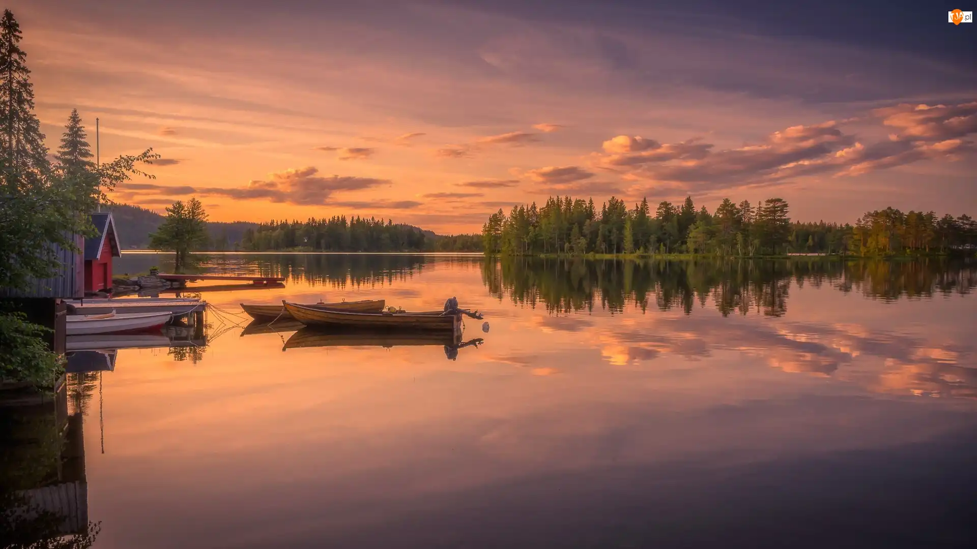 Ringerike, Norwegia, Las, Zachód słońca, Jezioro, Łódki