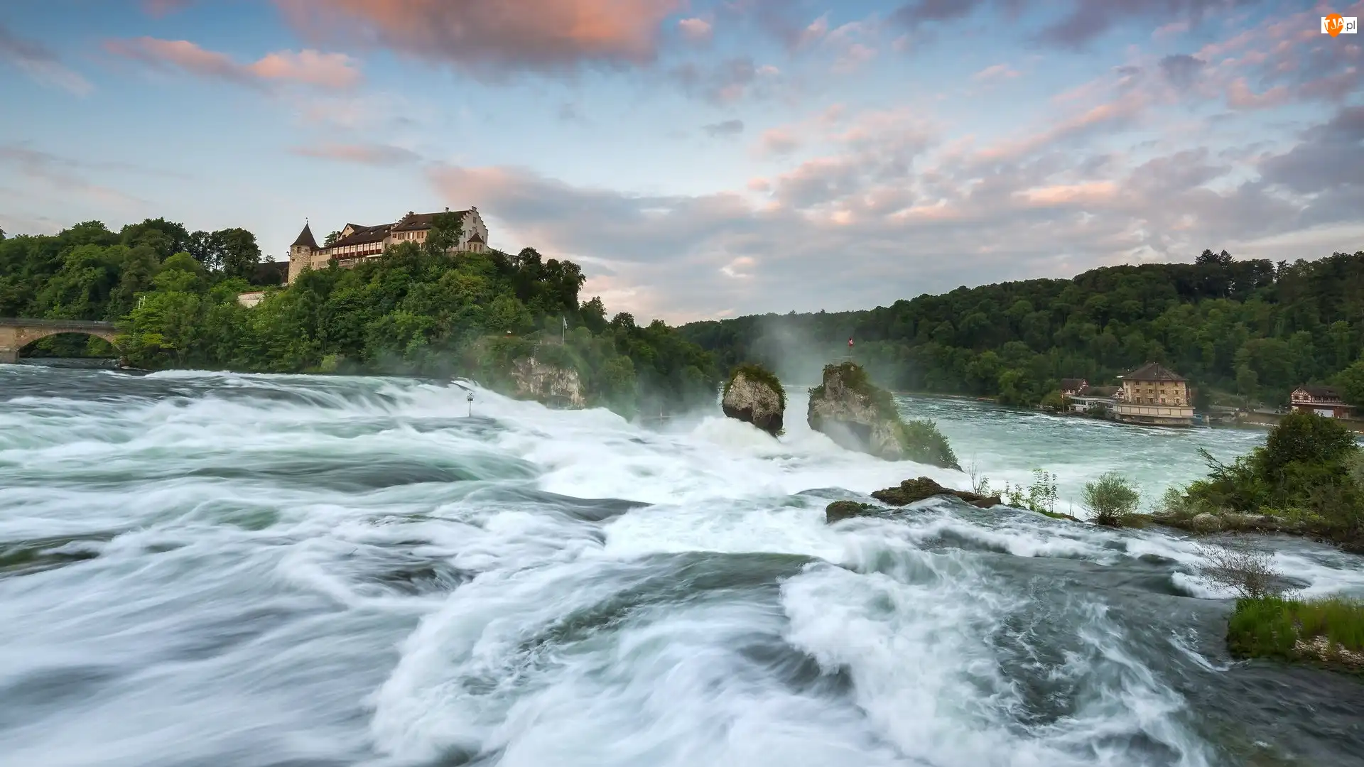 Rzeka Ren, Skała, Szwajcaria, Wodospad Rheinfall, Kanton Szafuza, Neuhausen am Rheinfall, Zamek Laufen