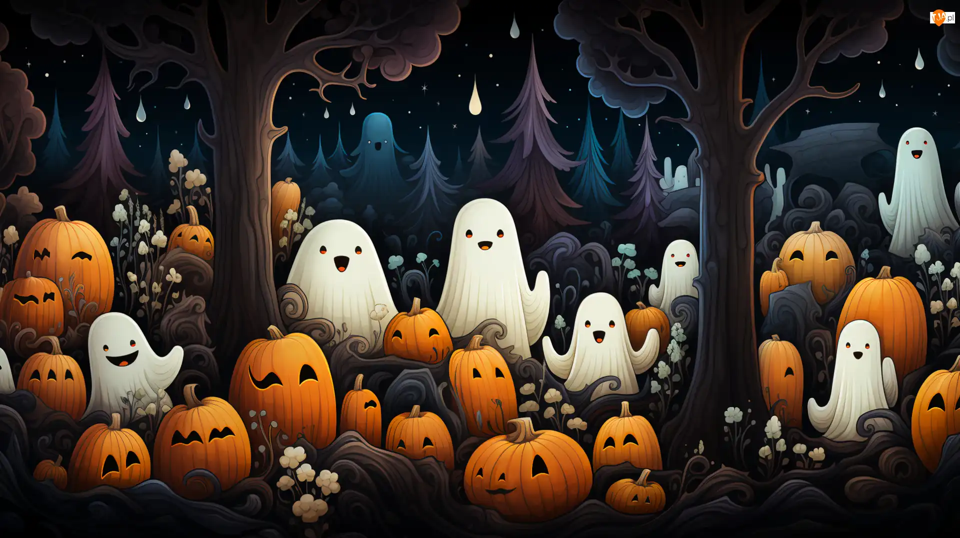 Las, Drzewa, Dynie, Halloween, Duszki, Uśmiechnięte, Kwiaty