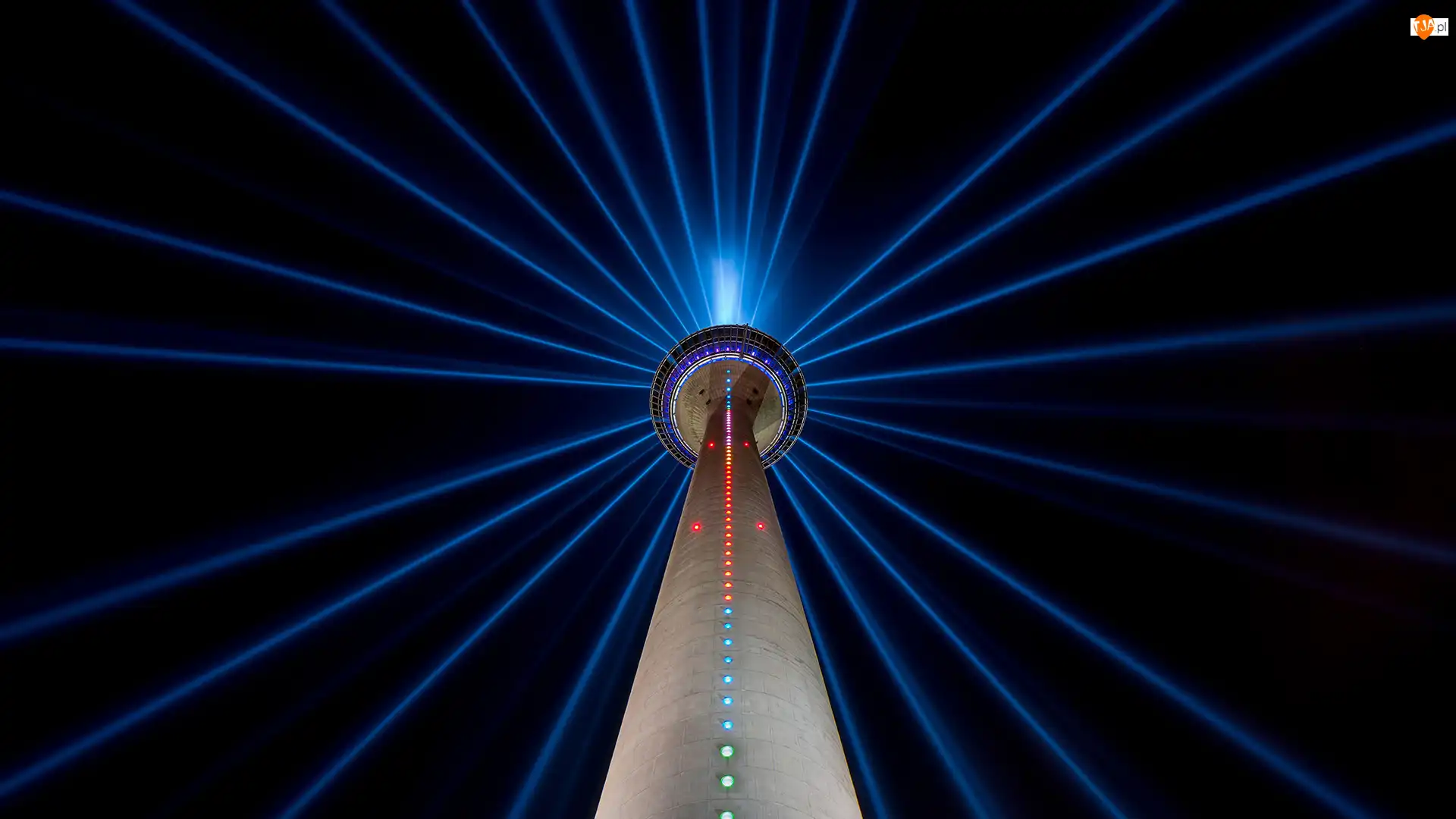 Dusseldorf, Niemcy, Wieża telewizyjna, Światła, Wieża Rheinturm, Noc