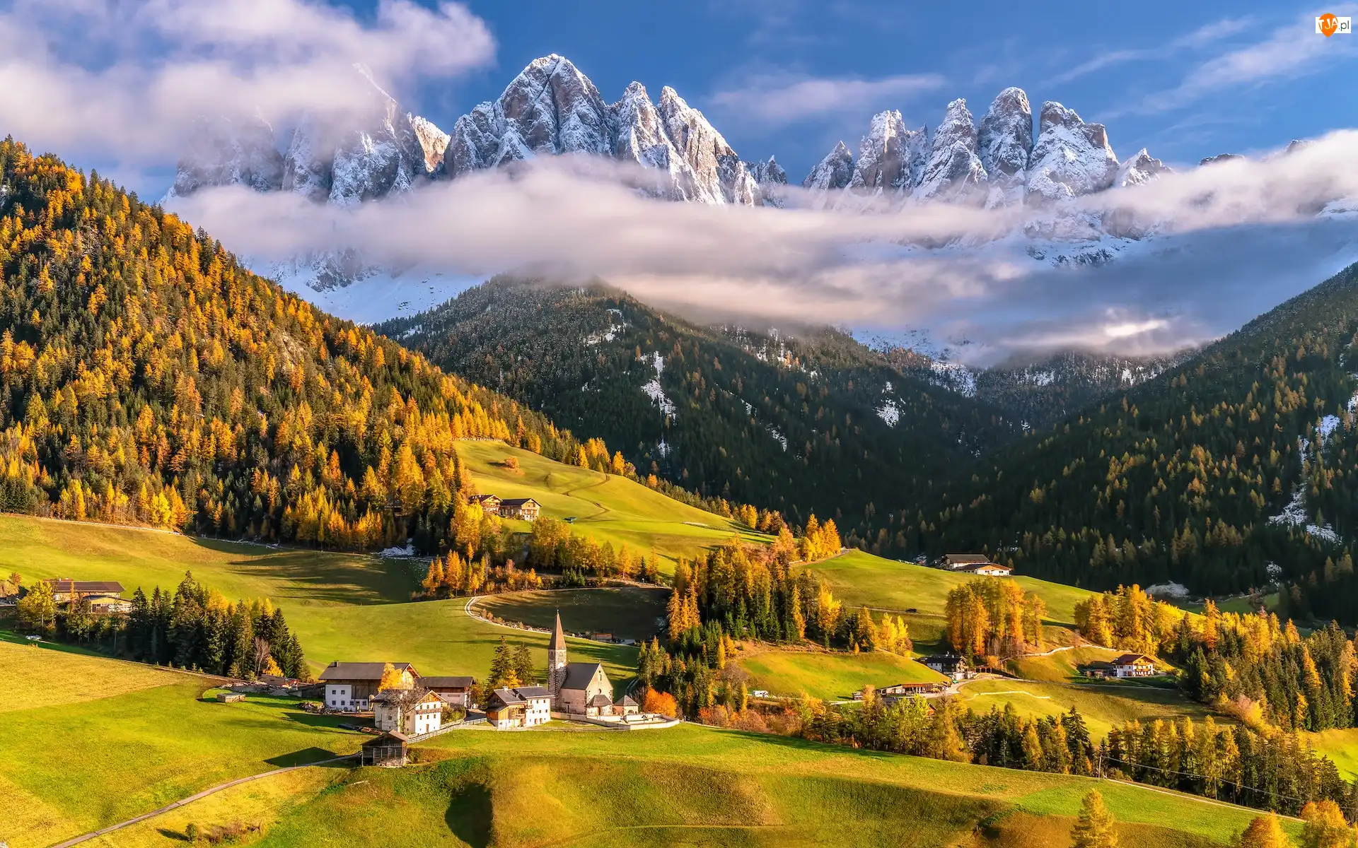 Wioska, Góry, Jesień, Santa Maddalena, Dolomity, Mgła, Drzewa, Włochy