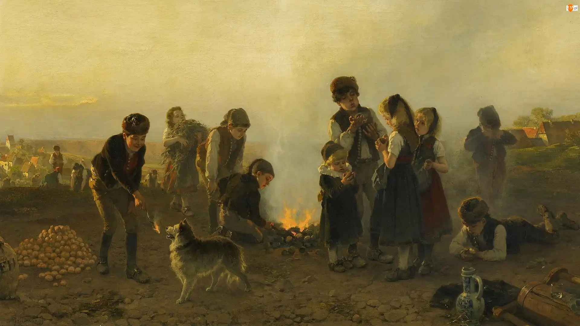 Ziemniaki, Obraz, Ognisko, Chłopcy, Pole, Friedrich Hiddemann, Dzieci, Malarstwo, Dziewczynki