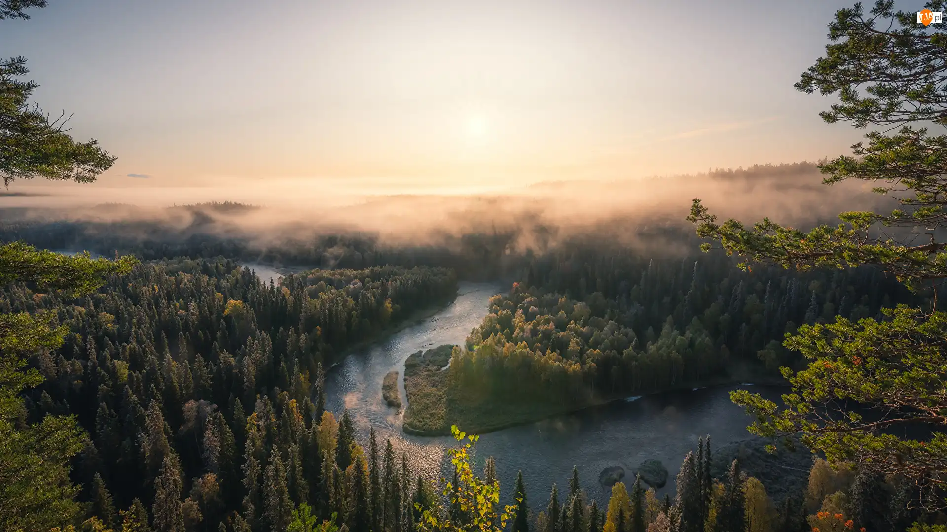 Park Narodowy Oulanka, Finlandia, Rzeka, Wschód słońca, Las, Mgła
