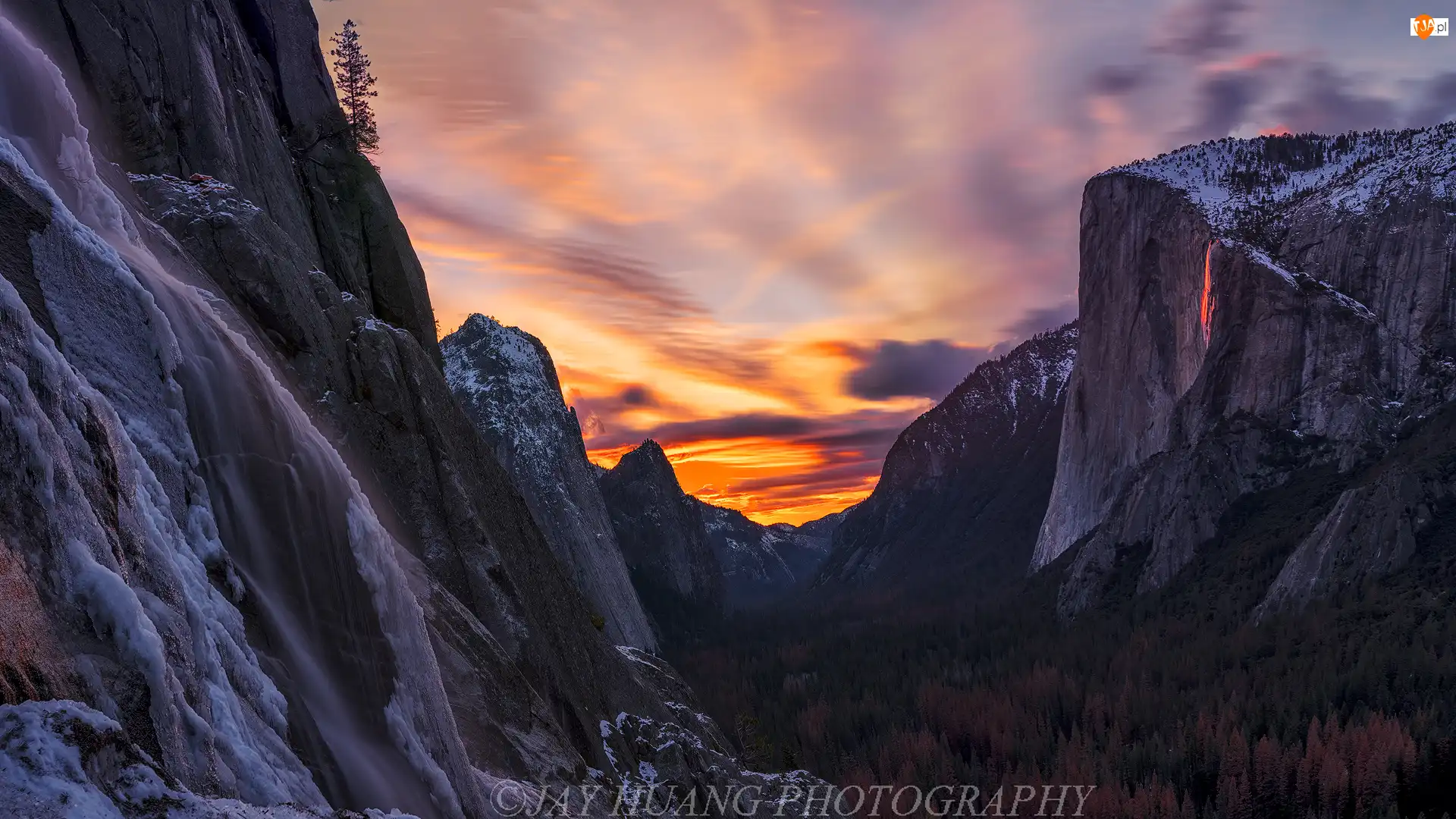 Góry, Park Narodowy Yosemite, Zachód słońca, Stany Zjednoczone, Las, Stan Kalifornia