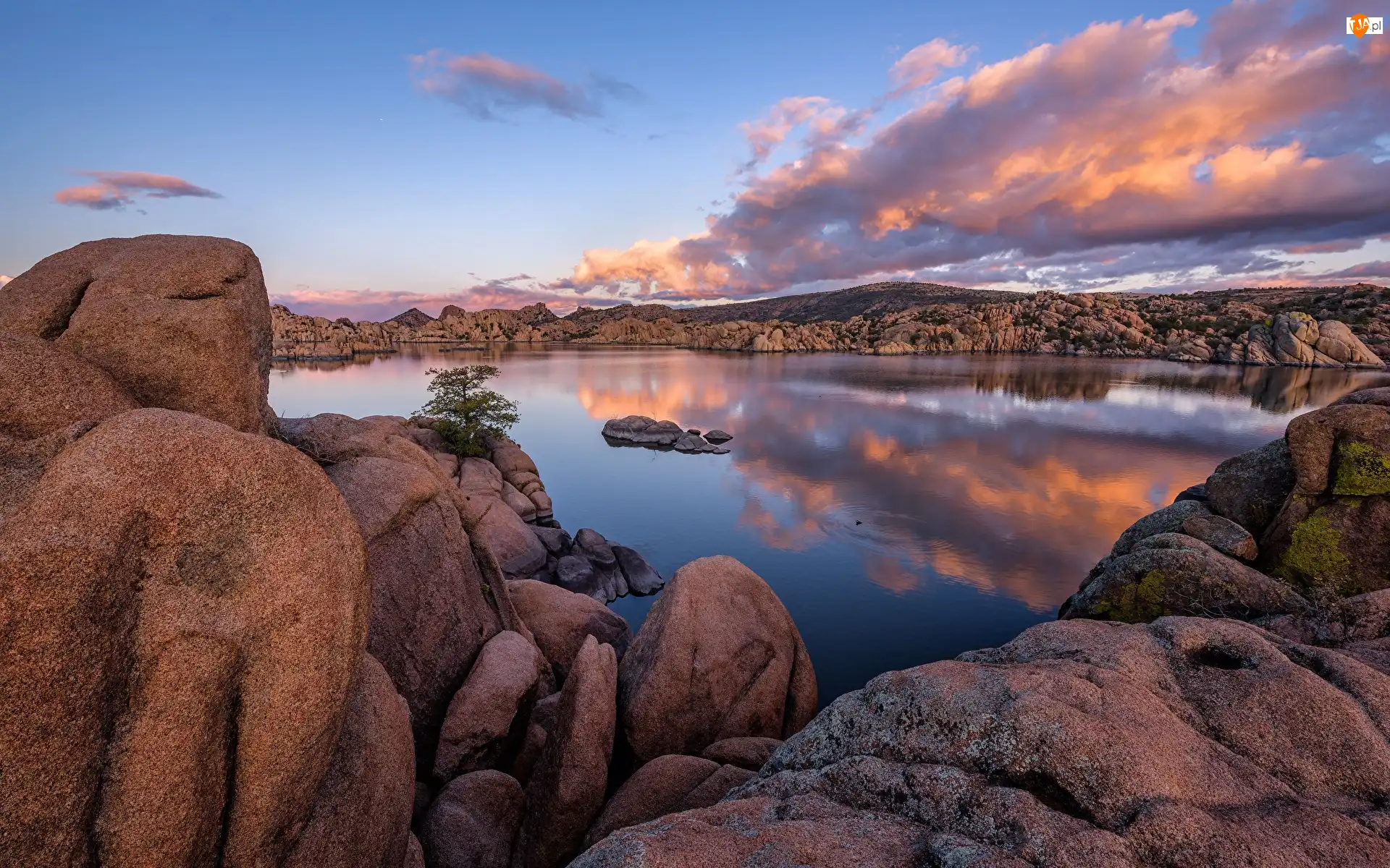 Jezioro, Watson Lake, Stany Zjednoczone, Skały, Arizona, Prescott, Chmury